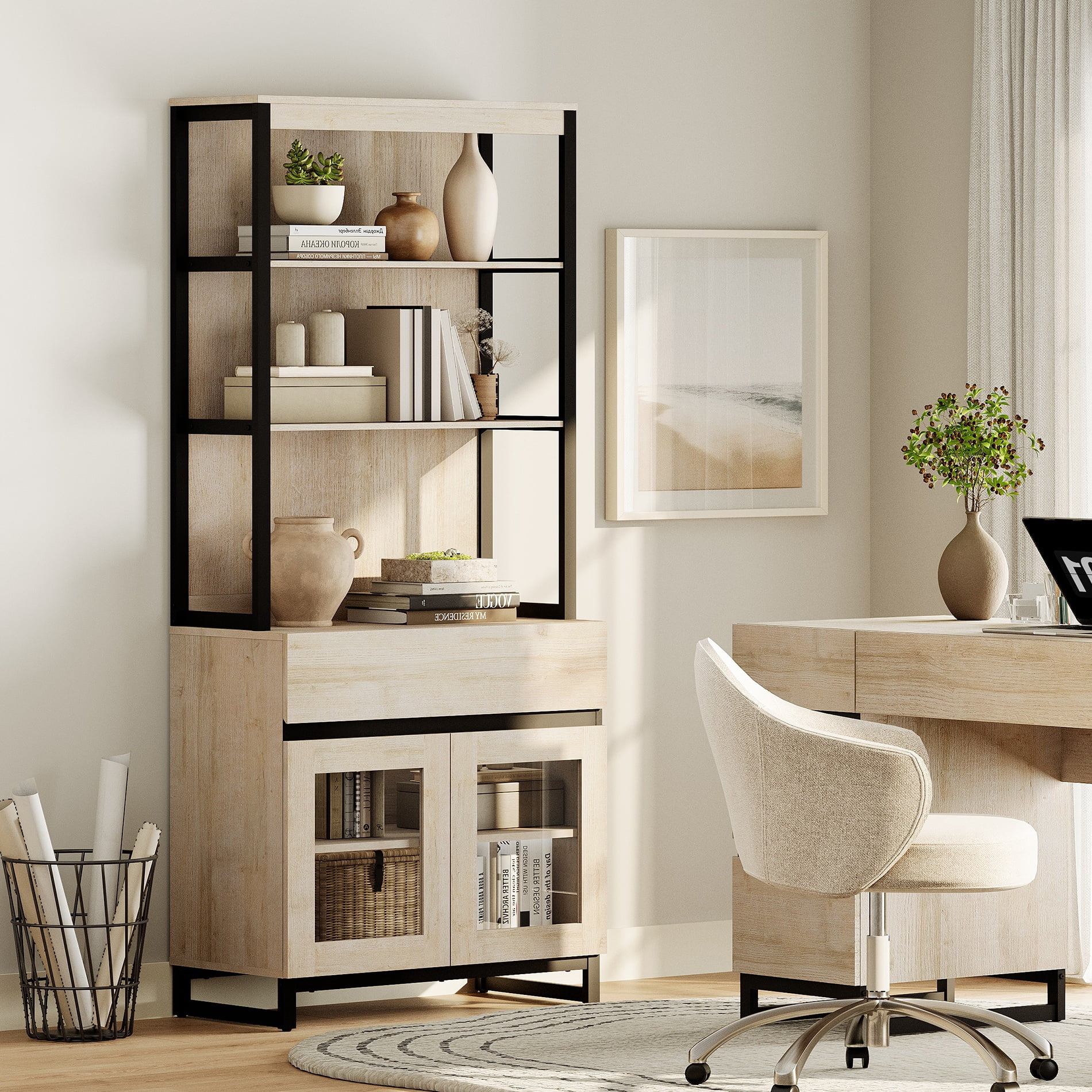 WAMPAT Modern 72" Tall Bookcase with Drawer and Open Book Shelfs, Library Book Shelf with Glass Doors Storage Cabinet, Wood Freestanding Bookshelf for Home Office, Living Room,Beige