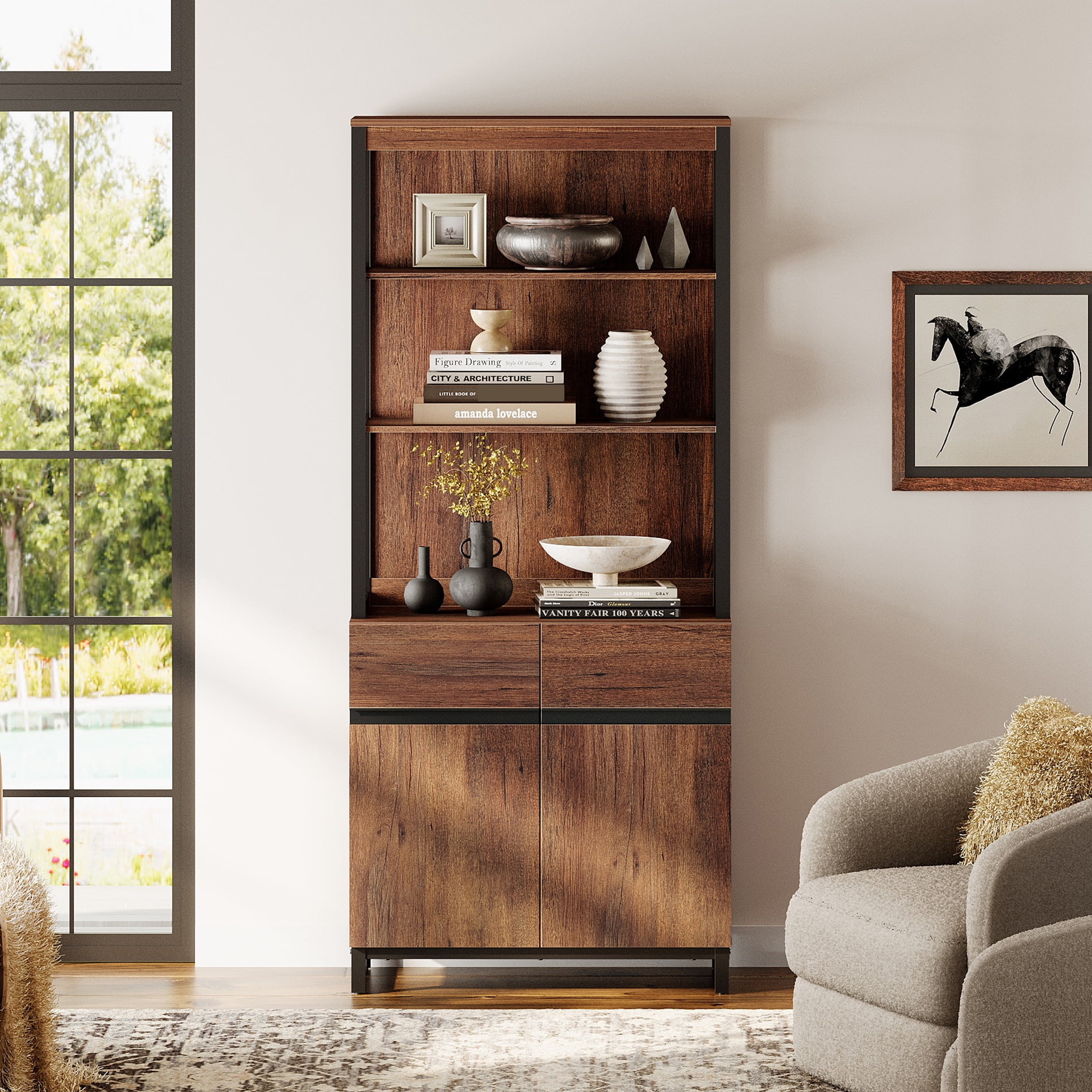 WAMPAT Modern 72" Tall Bookcase with Metal Base and Adjustable Shelves, Library Book Shelf with Storage Cabinet and Open Book Shelfs, Wood Bookshelf for Home Office, Living Room, Brown