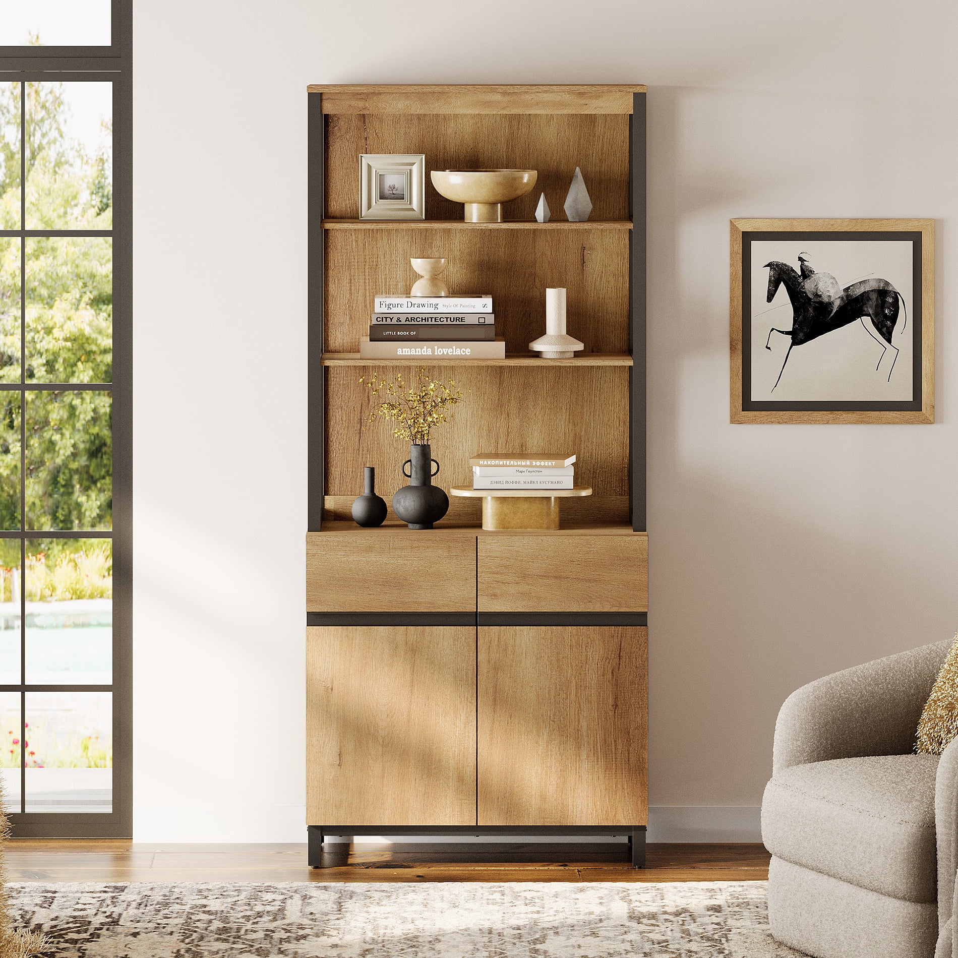 WAMPAT Modern 72" Tall Bookcase with Metal Base and Adjustable Shelves, Library Book Shelf with Storage Cabinet and Open Book Shelfs, Wood Bookshelf for Home Office, Living Room, Oak