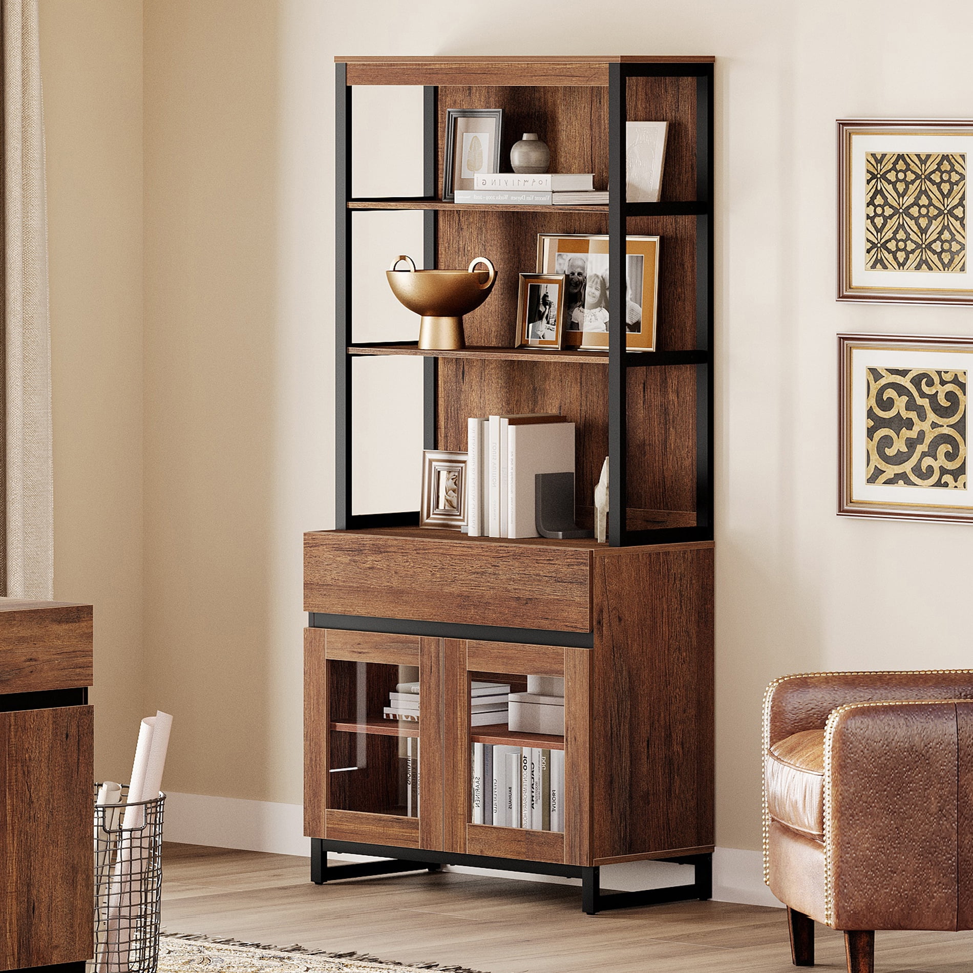 WAMPAT Modern 72" Tall Freestanding Bookcase,1 Drawer & Open Shelves with Glass Door Storage Cabinet, Wood Library Bookshelf for Home Office & Living Room