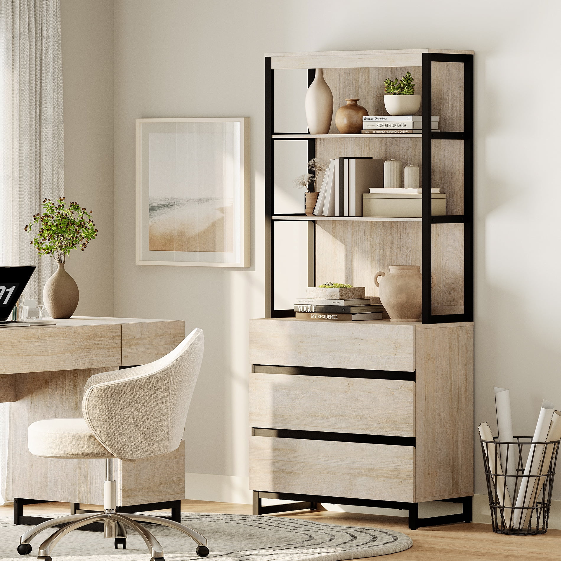WAMPAT Modern 72" Tall Library Bookcase with 3 Drawers & Open Shelves, Wood Freestanding Bookcase with Storage Cabinet for Home Office & Living Room, Beige