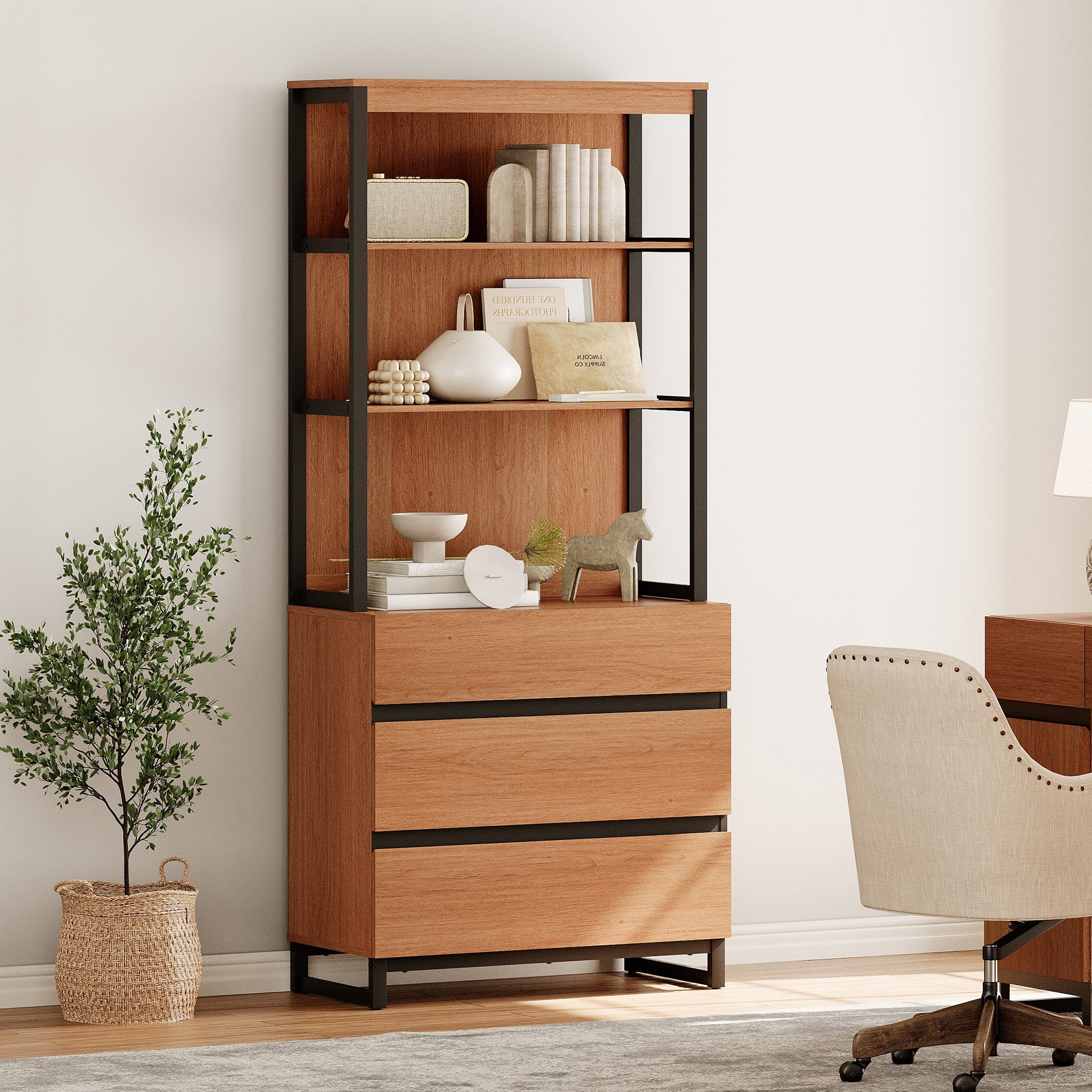 WAMPAT Modern 72" Tall Library Bookcase with 3 Drawers & Open Shelves, Wood Freestanding Bookcase with Storage Cabinet for Home Office & Living Room, Mocha
