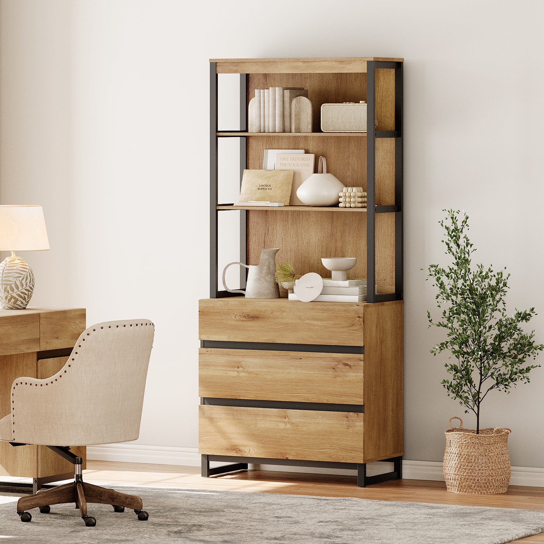 WAMPAT Modern 72" Tall Library Bookcase with 3 Drawers & Open Shelves, Wood Freestanding Bookcase with Storage Cabinet for Home Office & Living Room, Oak