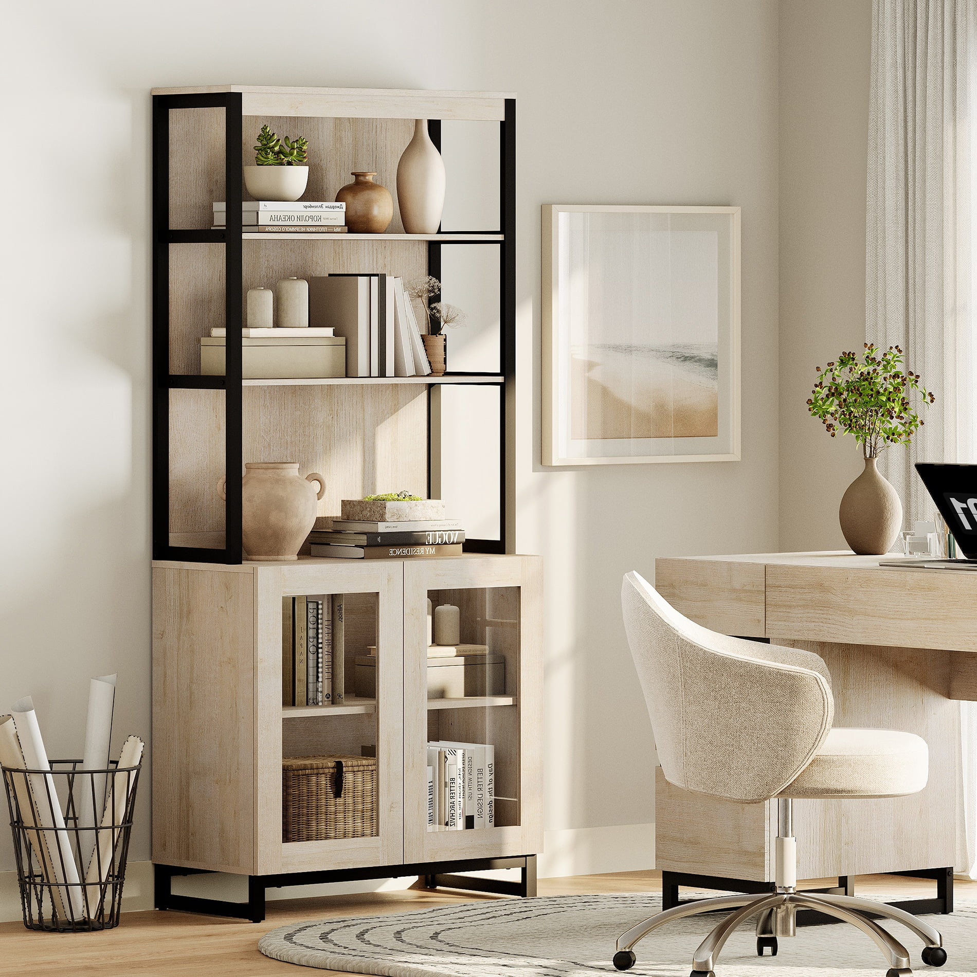 WAMPAT Modern 72" Tall Library Bookcase with Glass Doors & Adjustable Shelves, Wood Bookcase with Storage Cabinet & Open Shelves for Home Office & Living Room, Beige