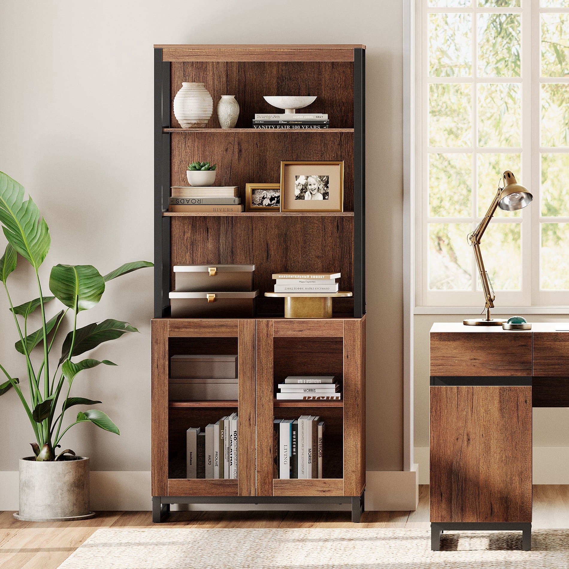 WAMPAT Modern 72" Tall Library Bookcase with Glass Doors & Adjustable ...