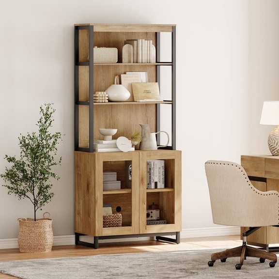 WAMPAT Modern 72" Tall Library Bookcase with Glass Doors & Adjustable Shelves, Wood Bookcase with Storage Cabinet & Open Shelves for Home Office & Living Room, Oak