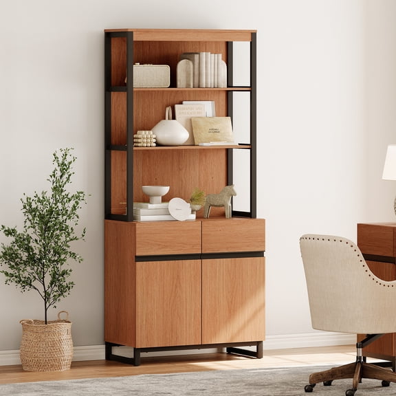 WAMPAT Modern 72" Tall Library Bookcase with Metal Base & Adjustable Shelves, Wood Bookcase with Storage Cabinet & Open Shelves for Home Office & Living Room, Mocha
