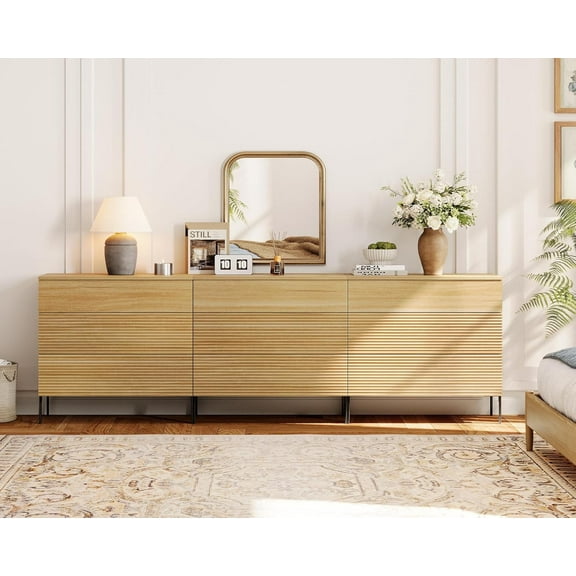 WAMPAT Modern 9 Drawer Dresser TV Stand with Hidden Handles, 94.5" W Fluted Dresser for Bedroom,Wooden Chest of Drawers Closet Clothes Storage Organizer for Bedroom, Living Room, Oak