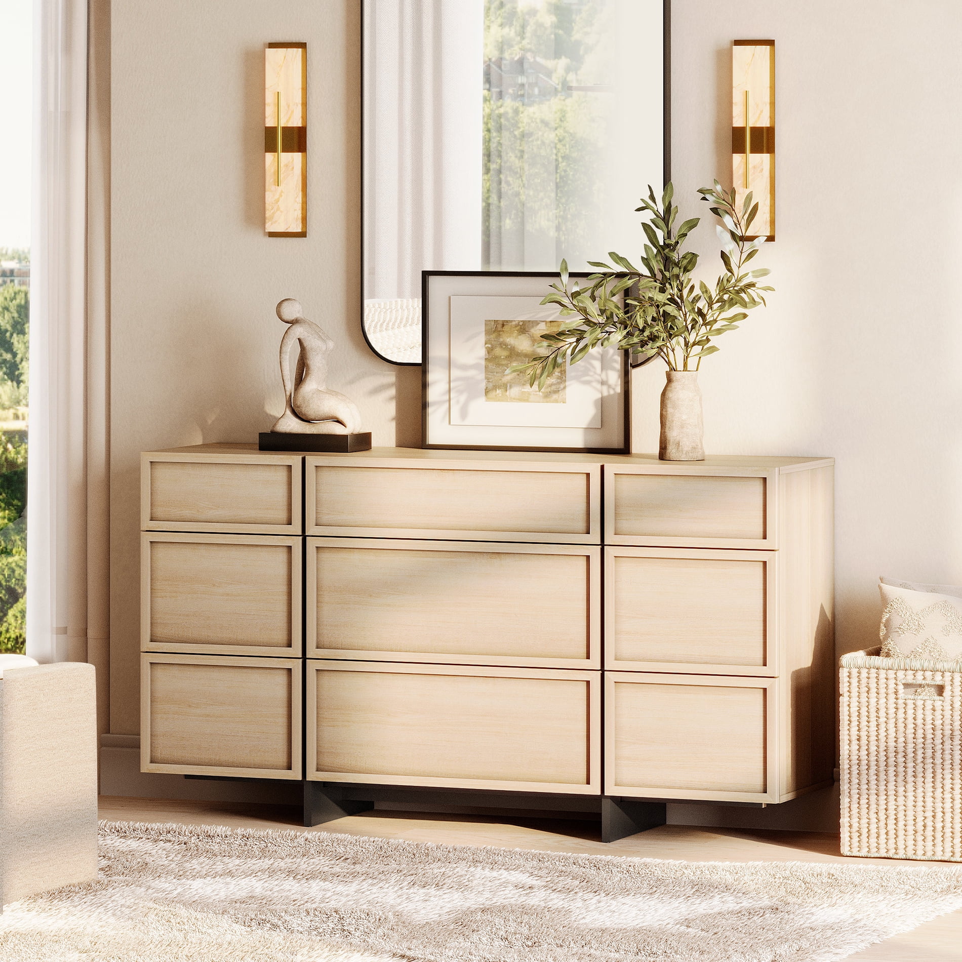 WAMPAT Modern 9-Drawer Wooden Dresser with Sturdy T-Shaped Wood Legs, Chest of Drawers & Closet Organizer for Bedroom, Hallway & Living Room Storage