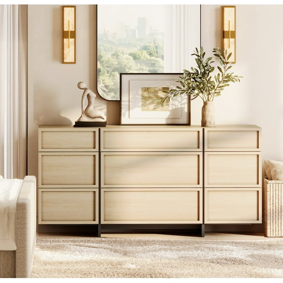 WAMPAT Modern 9-Drawers Dresser for Bedroom, Wooden Chest of Drawers with T-Shaped Wood Legs, Storage Cabinet and Closet Organizer for Bedroom, Hallway, Living Room, Light Oak