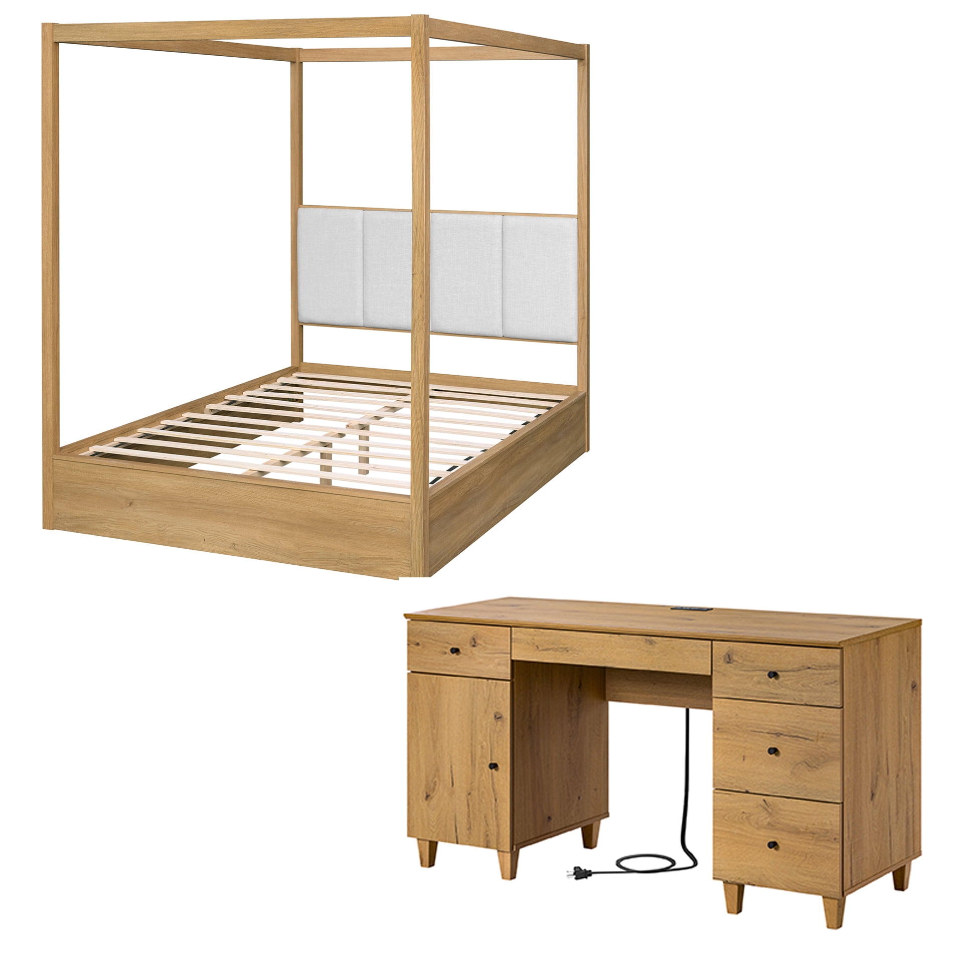 WAMPAT Modern Bedroom Furniture Set of 2, Queen Size Canopy 4 Poster Bed Frame with Headboard and No Box Spring Needed, 58" Storage Vanity Desk with Charging Station and Cabinet, Dark Brown Wood