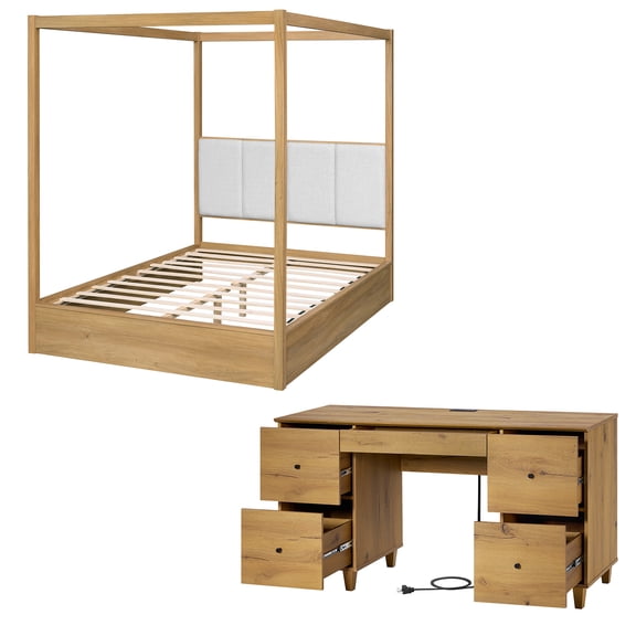 WAMPAT Modern Bedroom Furniture Set of 2, Queen Size Canopy 4 Poster Bed Frame with Headboard and No Box Spring Needed, 58" Storage Vanity Desk with Charging Station and Drawers, Dark Brown Wood