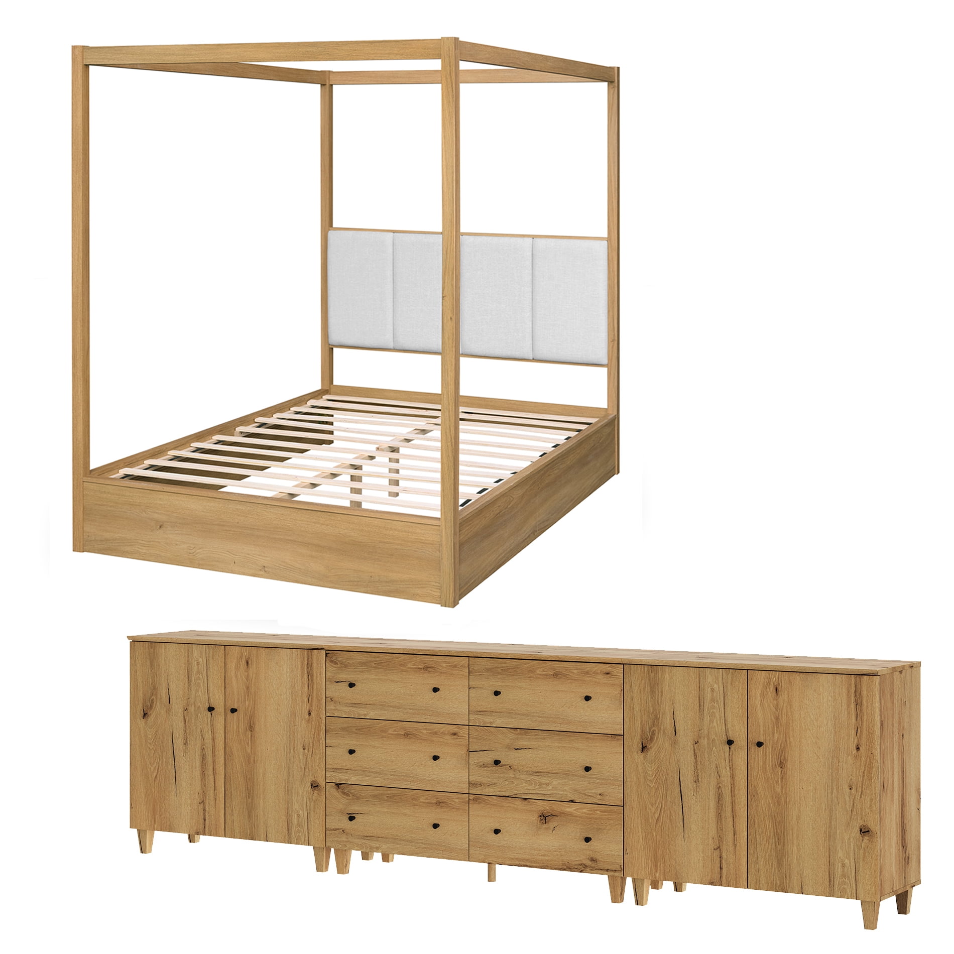 WAMPAT Modern Bedroom Furniture Set, Wooden Queen Size Canopy Bed Frame, 3-in-1 Spacious Dresser with 2 Storage Cabinets and 6 Drawers, Oak Brown