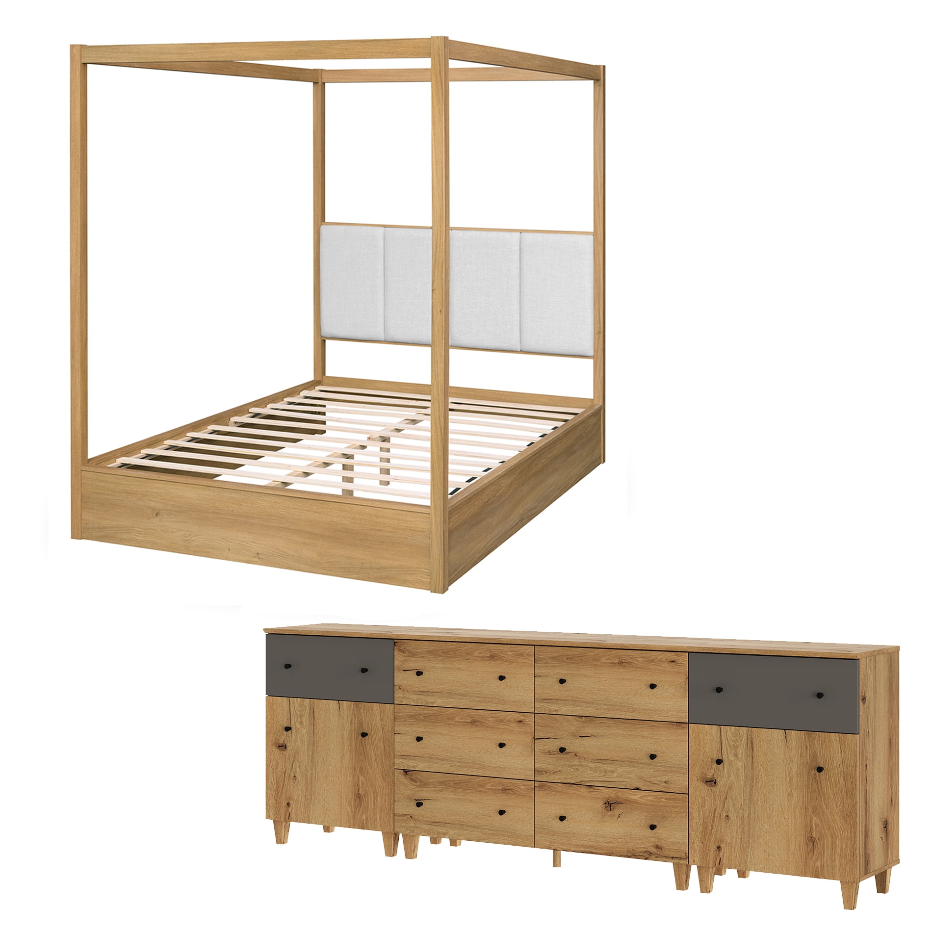 WAMPAT Modern Bedroom Furniture Set, Wooden Queen Size Canopy Bed Frame, 3-in-1 Spacious Dresser with 2 Storage Cabinets and 8 Drawers, Oak Brown
