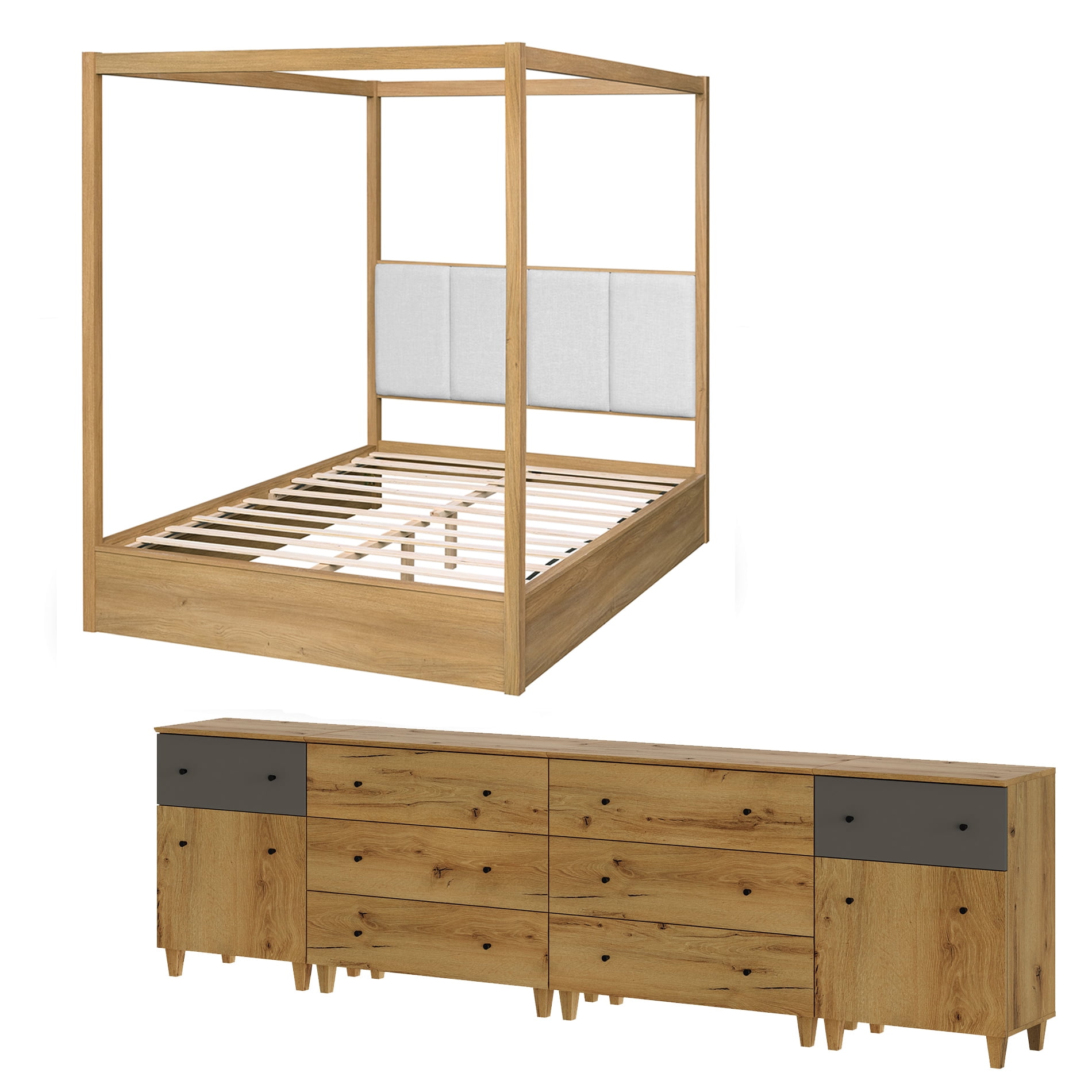 WAMPAT Modern Bedroom Furniture Set, Wooden Queen Size Canopy Bed Frame, 4-in-1 Spacious Dresser with 2 Storage Cabinets and 8 Drawers, Oak Brown