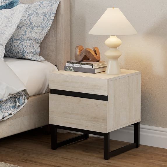 WAMPAT Modern Bedside Table for bedroom, Nightstand with 2 Drawers and Black Square Iron Leg, Wood Rustic Side End Table for living Room