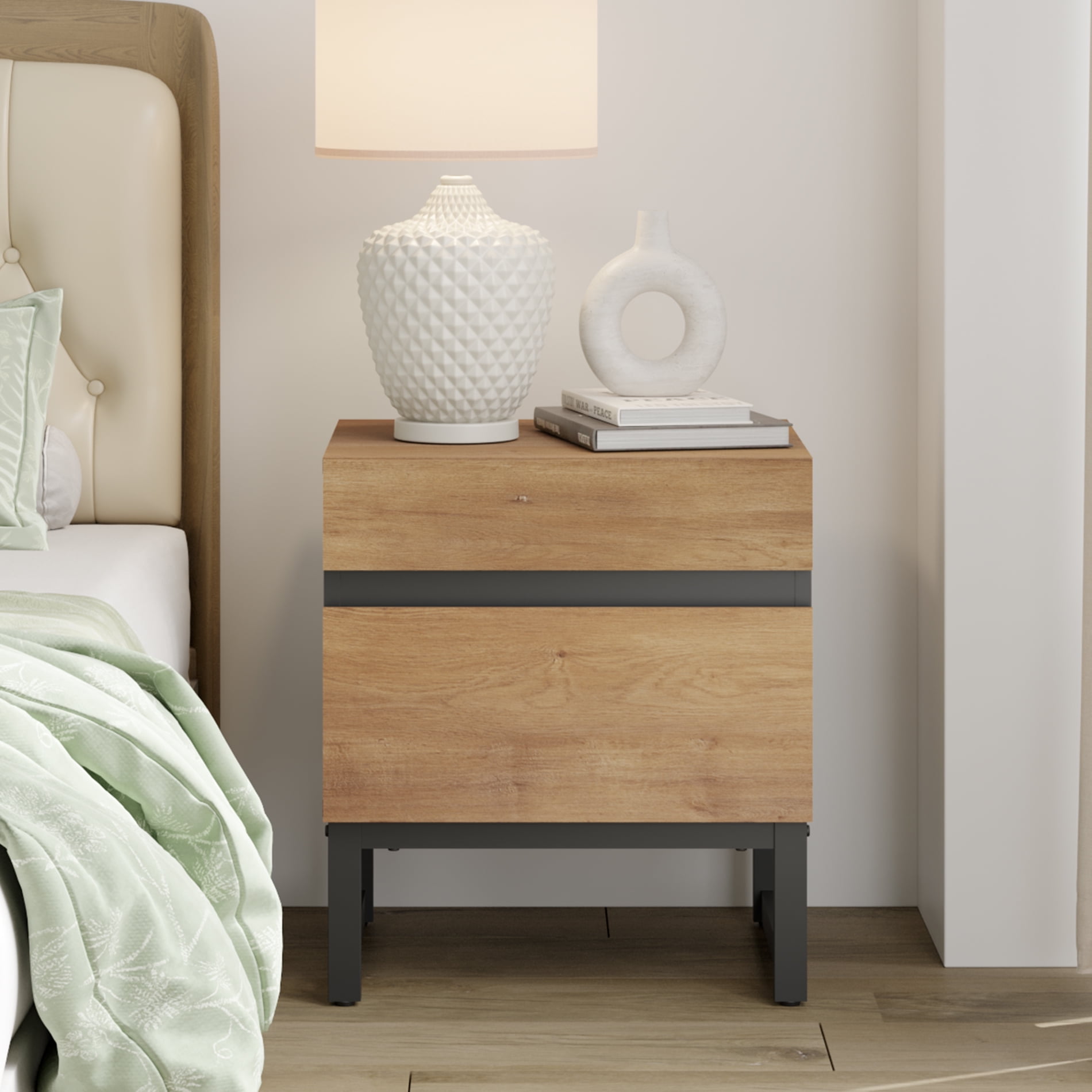 WAMPAT Modern Bedside Table for bedroom, Nightstand with 2 Drawers and Black Square Iron Leg, Wood Rustic Side End Table for living Room