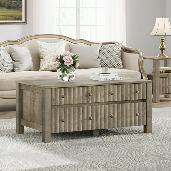 WAMPAT Modern Coffee Table, Rectangle Coffee Table with 2 Large&2 Small Sliding Storage Drawers, 41 inch Tea Center Table with Thick Wood Legs for Living Room, Vintage Grey