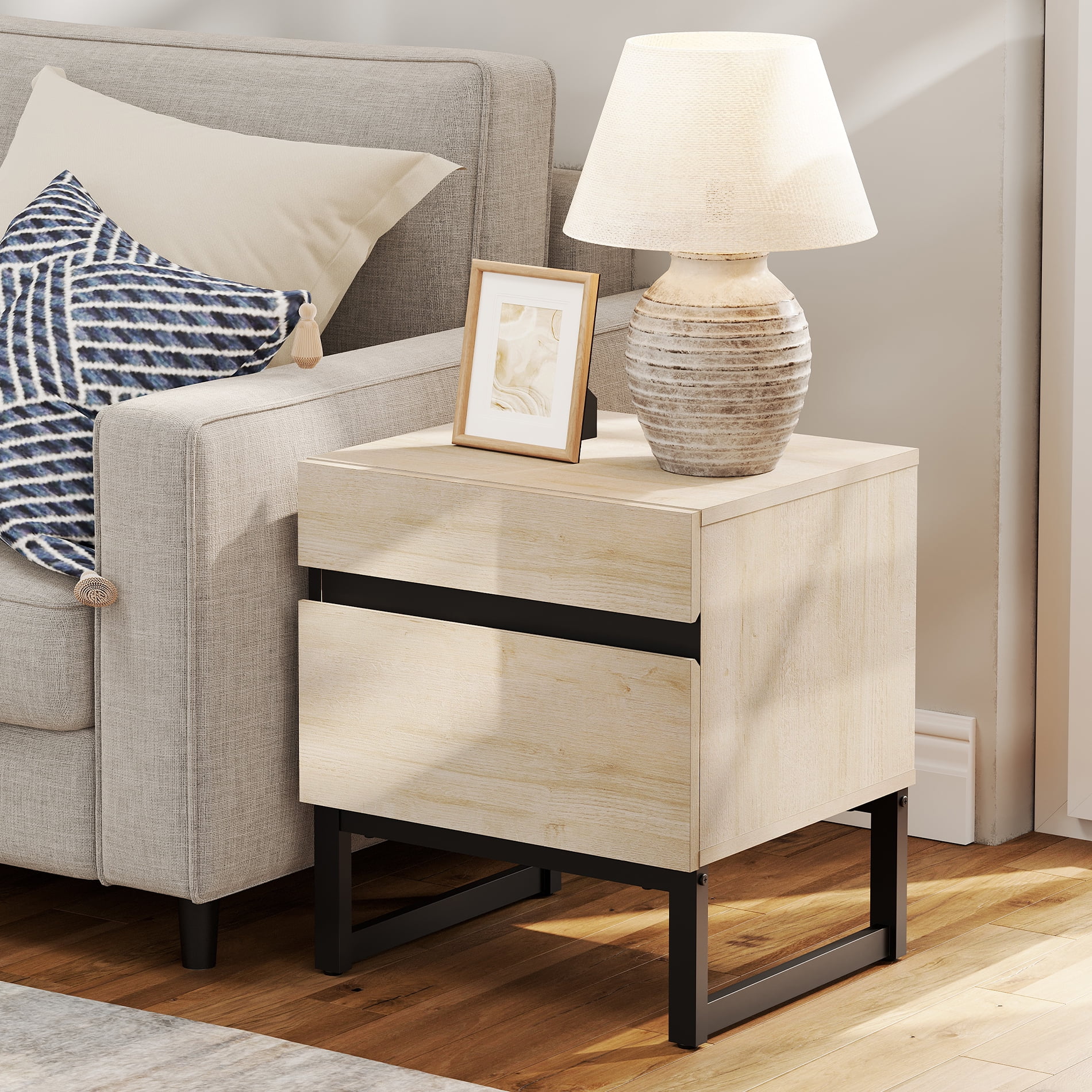 WAMPAT Modern End Table With 2 Drawers - Compact Sofa Side Table & Nightstand For Living Room & Bedroom