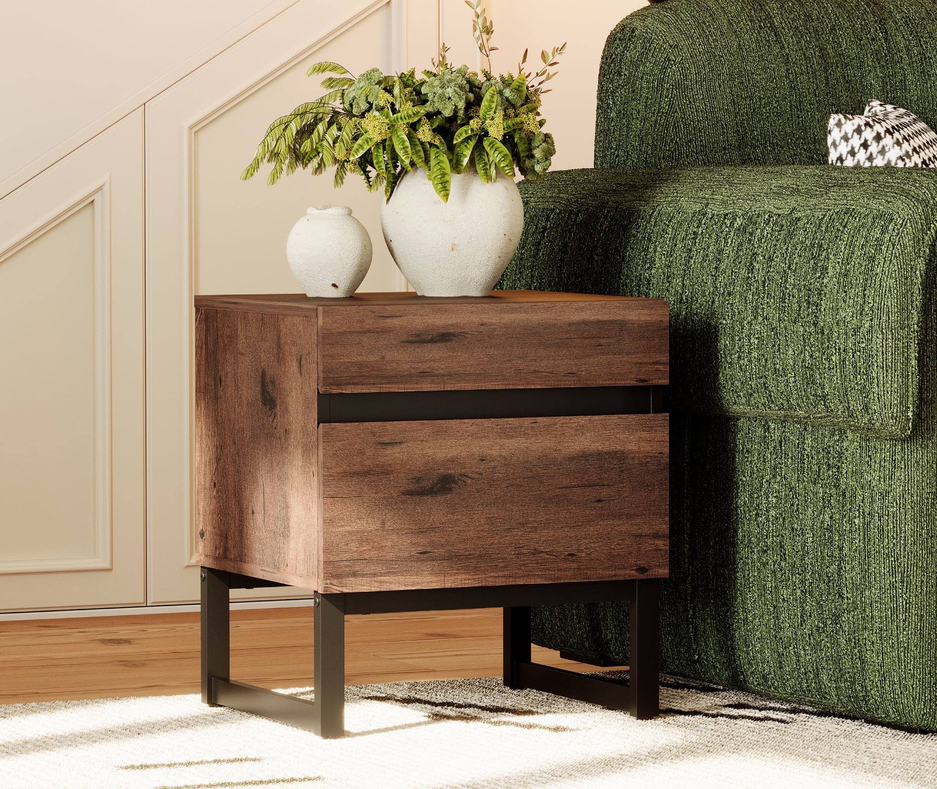 WAMPAT Modern End Table With 2 Drawers - Compact Sofa Side Table & Nightstand For Living Room & Bedroom