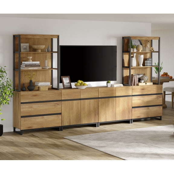 WAMPAT Modern Entertainment Center with 3 Tiers Bookshelf, Farmhouse TV Stand with 2 Storage Cabinets and 6 Drawers, Wood Media Console with Black Metal Leg for Living Room, Oak