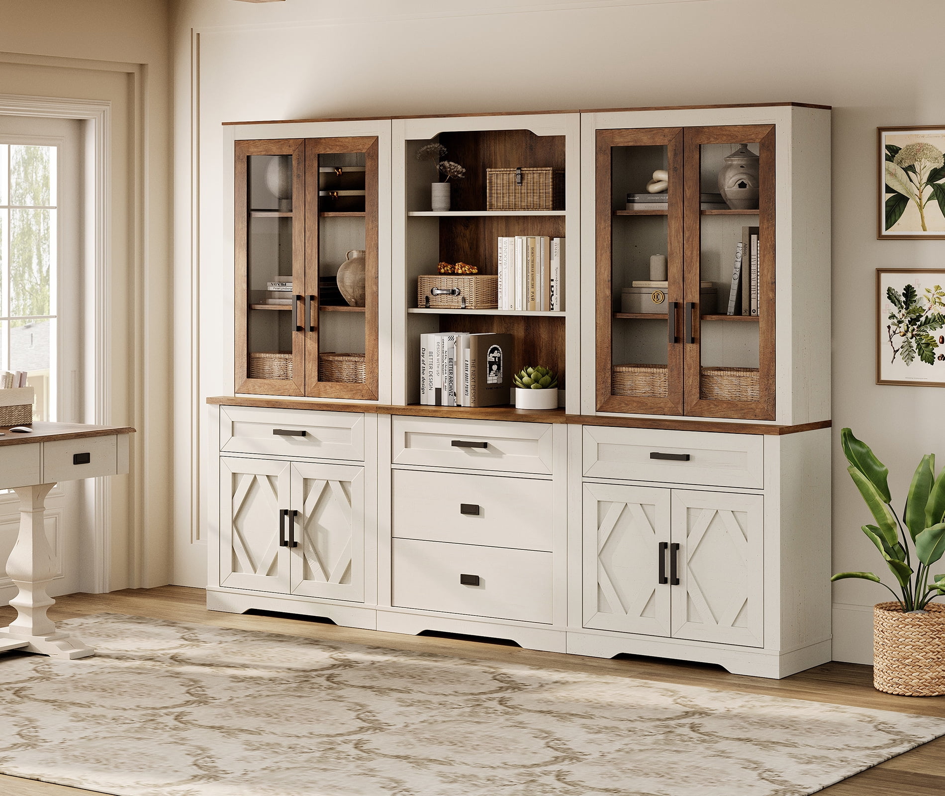 WAMPAT Modern Farmhosue 3-Column BookShelf Set,5 Tier Book Shelf with Open Storage and Glass Doors,73"H Tall Wood Bookcase with Storage Cabinet and Drawers for Study,Bedroom,Living Room,White and Oak