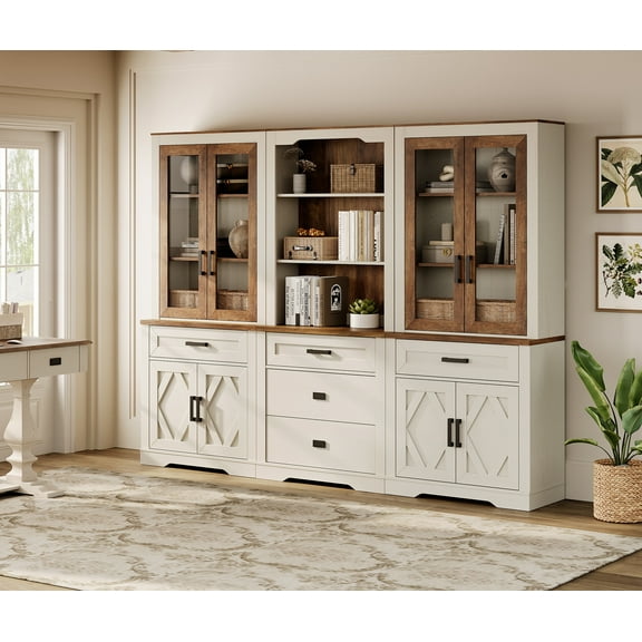 WAMPAT Modern Farmhosue 3-Column BookShelf Set,5 Tier Book Shelf with Open Storage and Glass Doors,73"H Tall Wood Bookcase with Storage Cabinet and Drawers for Study,Bedroom,Living Room,White and Oak