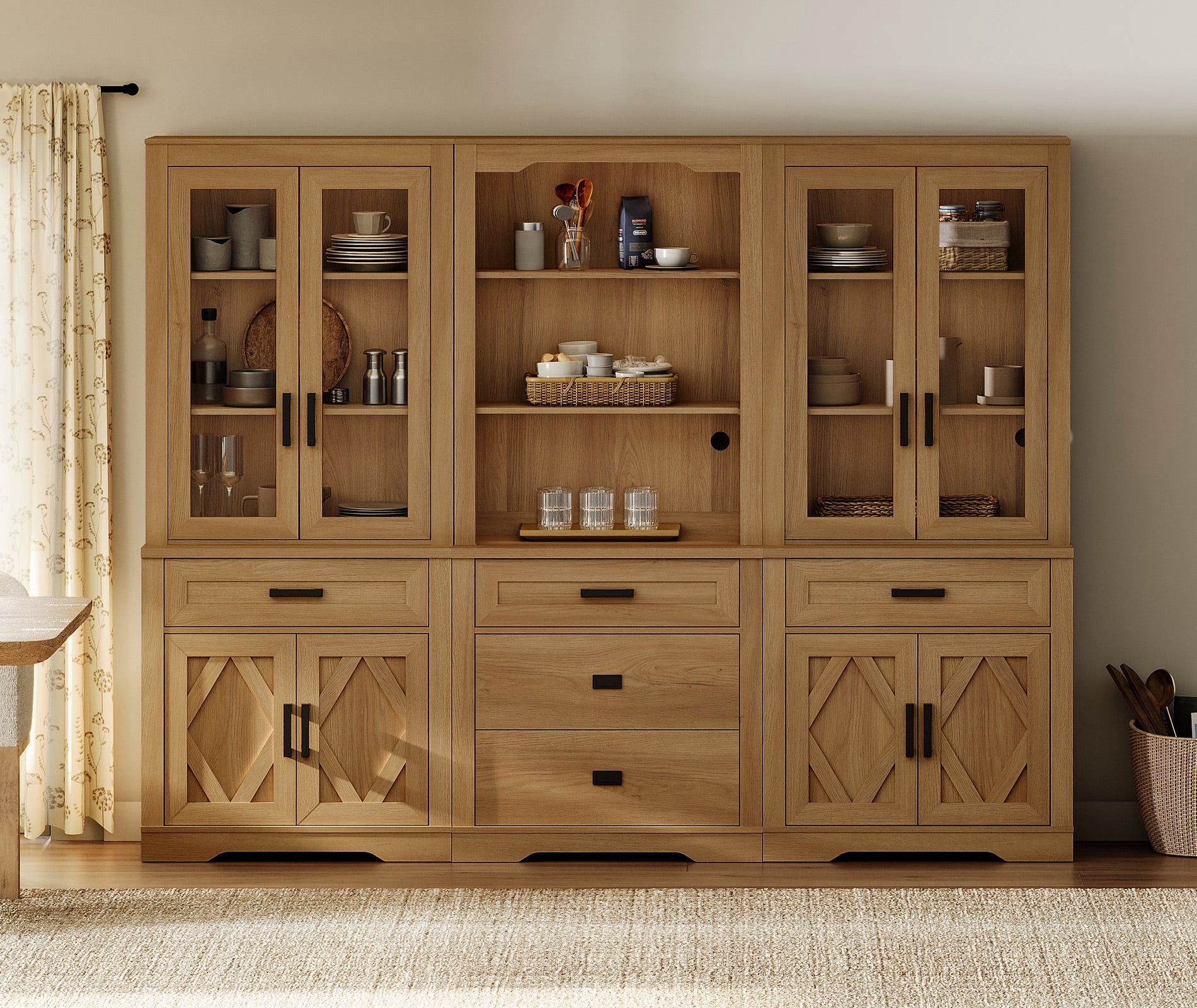 WAMPAT Modern Farmhosue 3-Column BookShelf Set,5 Tier Book Shelf with Open Storage and Glass Doors,73"H Tall Wood Bookcase with Storage Cabinet and Drawers for Study,Bedroom,Living Room,Walnut