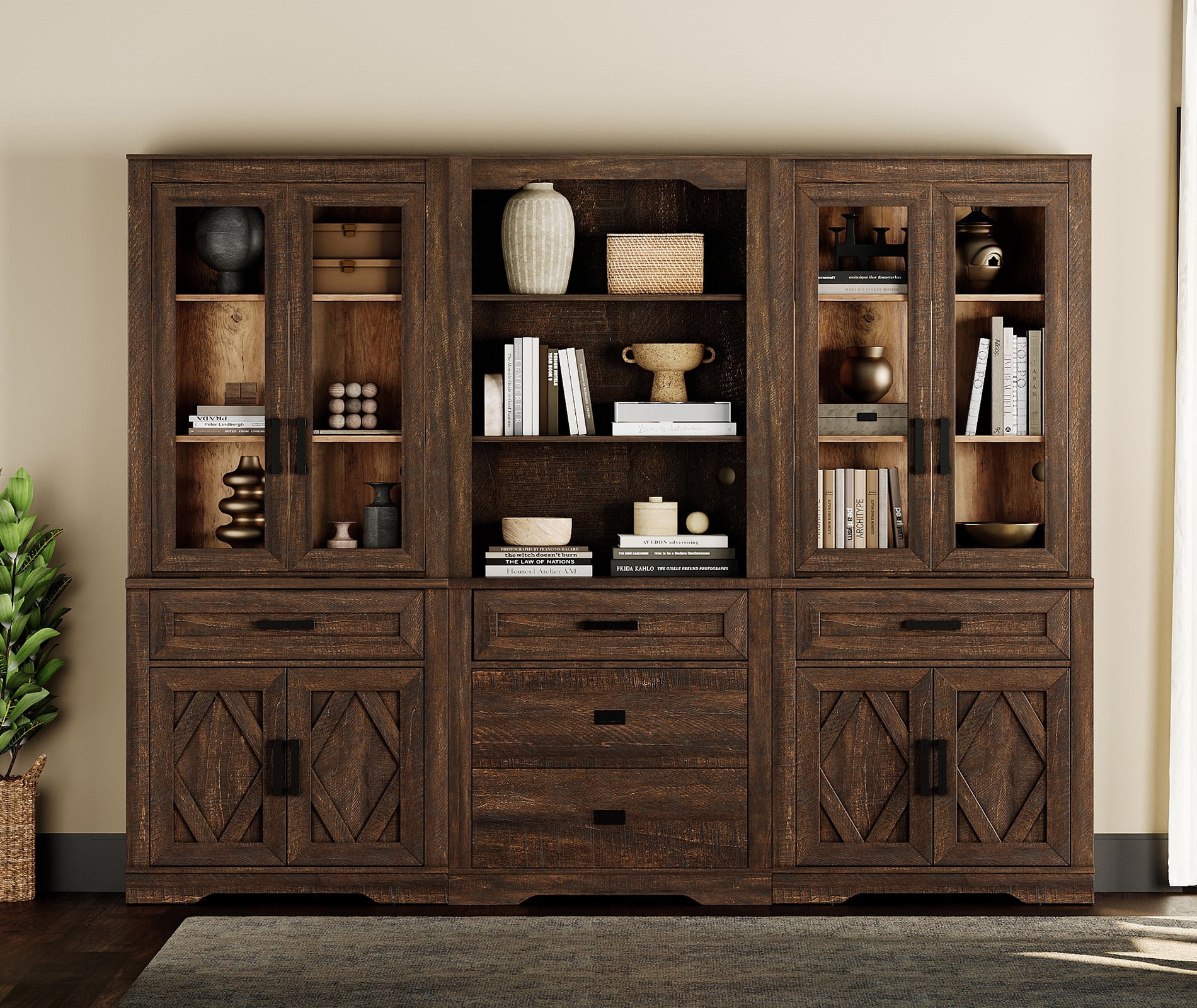 WAMPAT Modern Farmhosue 3-Column BookShelf Set,5 Tier Book Shelf with Open Storage and Glass Doors,73"H Tall Wood Bookcase with Storage Cabinet and Drawers for Study,Bedroom,Living Room,Espresso