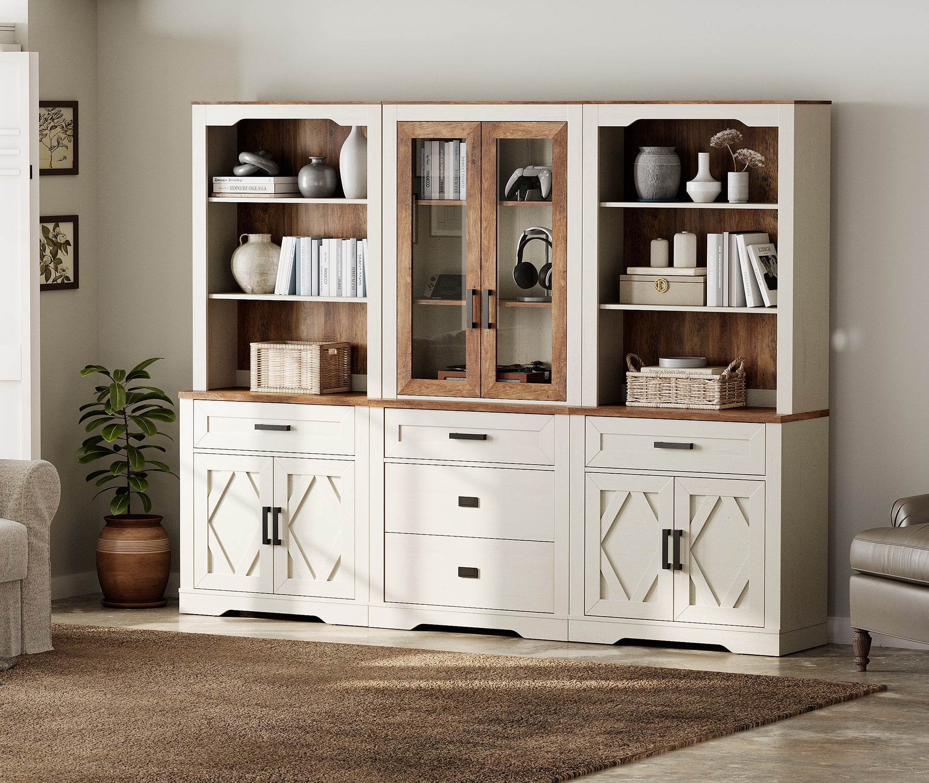 WAMPAT Modern Farmhosue 3-Column BookShelf Set,5 Tier Book Shelf with ...