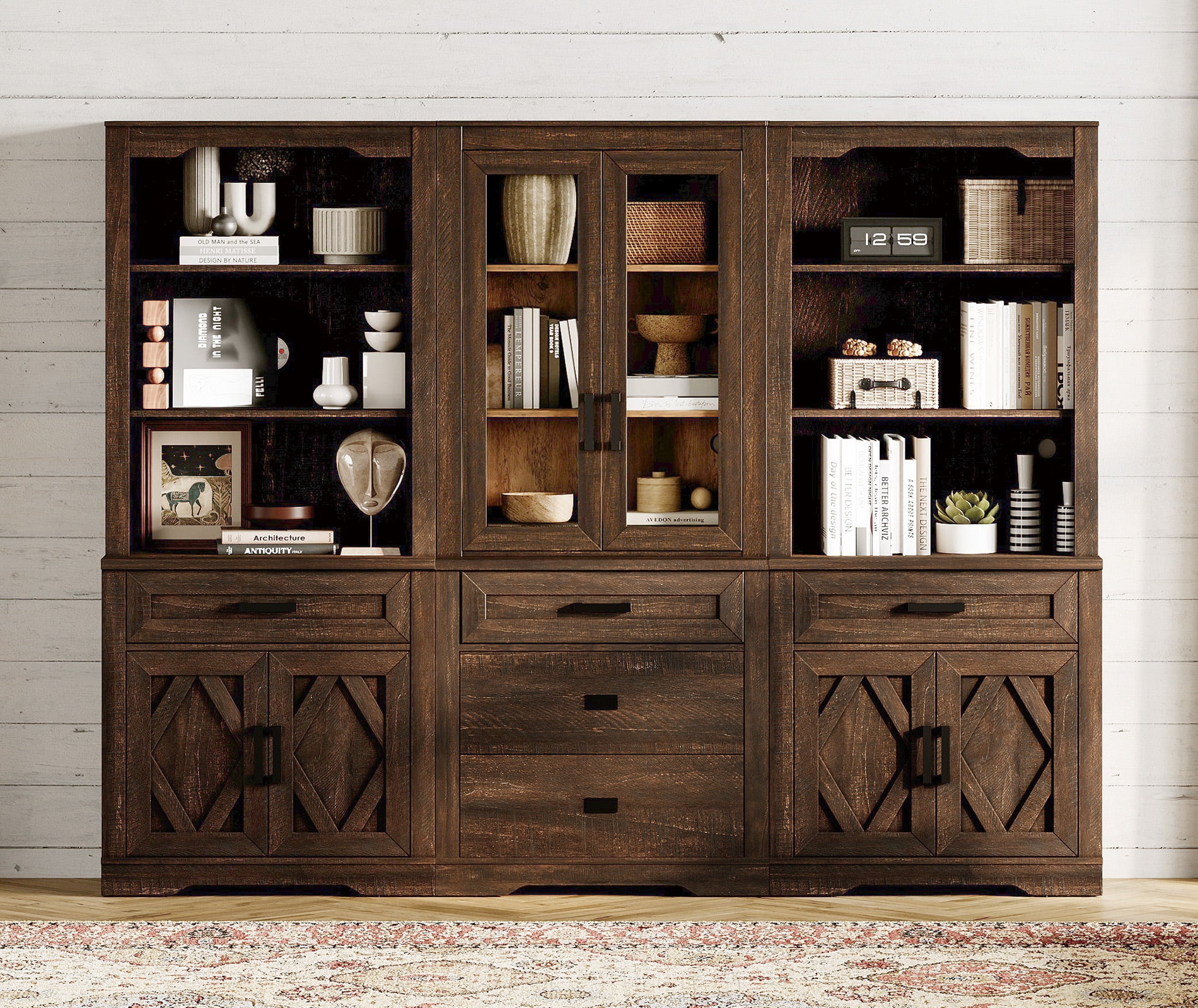WAMPAT Modern Farmhosue 3-Column BookShelf Set,5 Tier Book Shelf with Open Storage and Glass Doors,73"H Tall Wood Bookcase with Storage Cabinet and Drawers for Study,Bedroom,Living Room,Rustic Brown