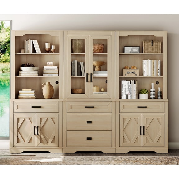 WAMPAT Modern Farmhosue 3-Column BookShelf Set,5 Tier Book Shelf with Open Storage and Glass Doors,73"H Tall Wood Bookcase with Storage Cabinet and Drawers for Study,Bedroom,Living Room,Light Oak