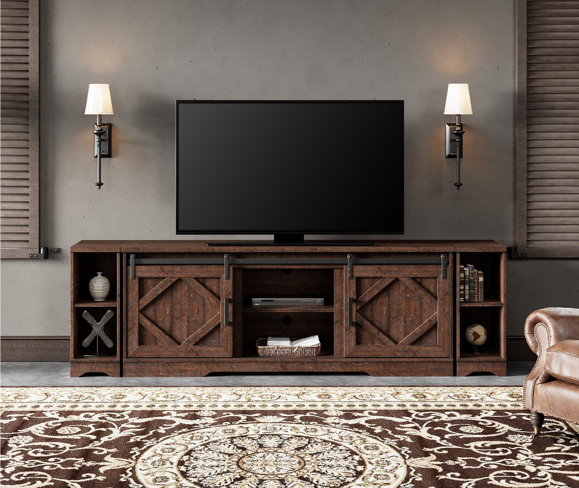 WAMPAT Modern Farmhouse 3 in 1 TV Stand for up to 95" TVs,Wood Media TV Console Table with Storage Cabinets and Sliding Barn Doors,Entertainment Center for Living Room Bedroom,Rustic Brown