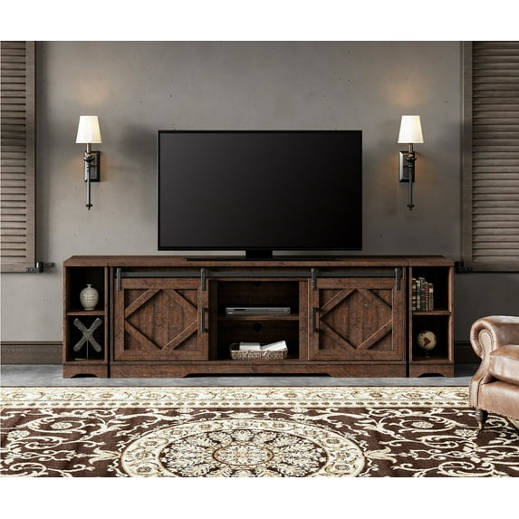 WAMPAT Modern Farmhouse 3 in 1 TV Stand for up to 95" TVs,Wood Media TV Console Table with Storage Cabinets and Sliding Barn Doors,Entertainment Center for Living Room Bedroom,Rustic Brown