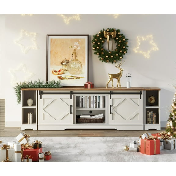 WAMPAT Modern Farmhouse 3 in 1 TV Stand for up to 95" TVs,Wood Media TV Console Table with Storage Cabinets and Sliding Barn Doors,Entertainment Center for Living Room Bedroom,Cream White