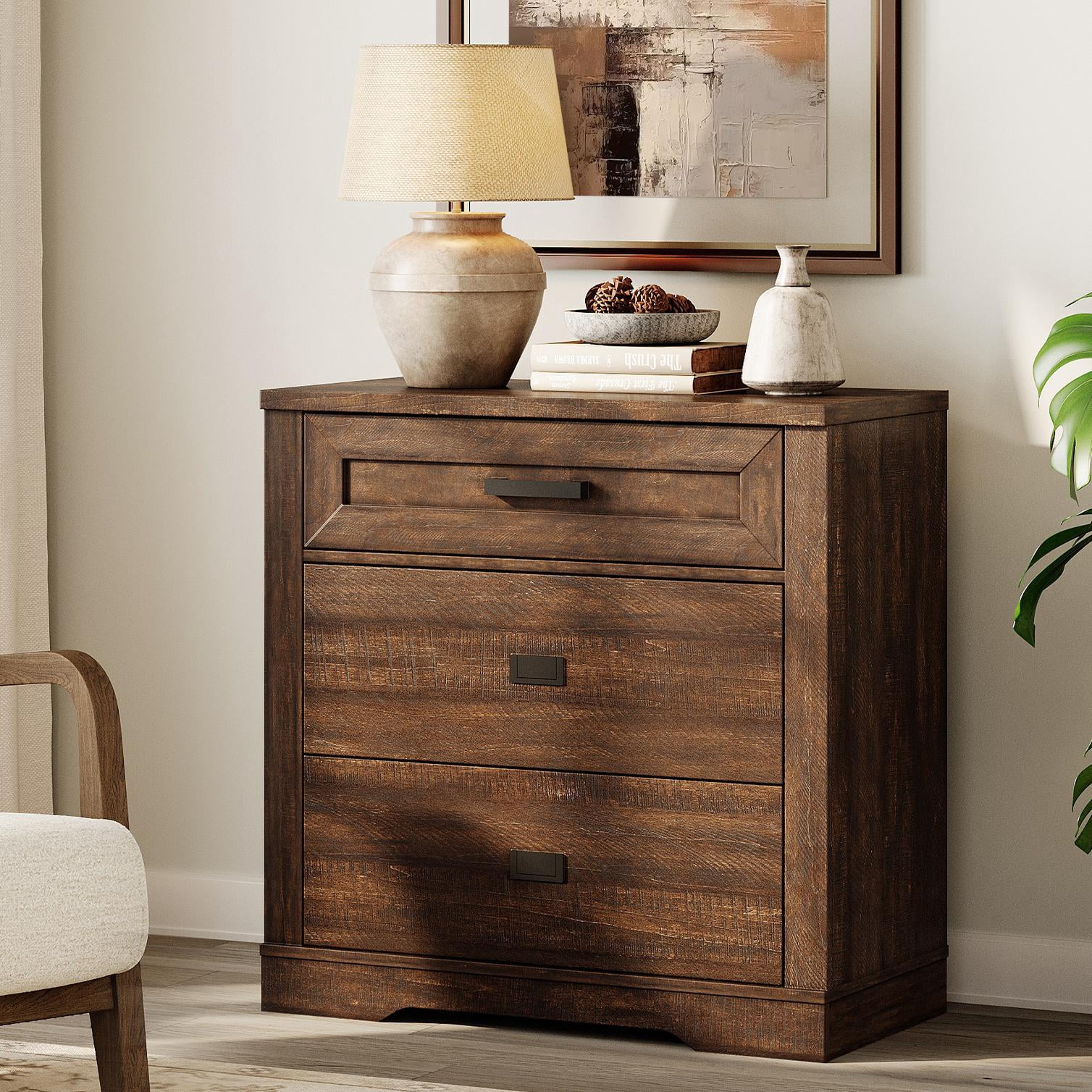 WAMPAT Modern Farmhouse 3-Drawer Dresser for Bedroom,31.5" Wide Wooden Chest of Drawers for Living Room,Hallway,Dark Brown