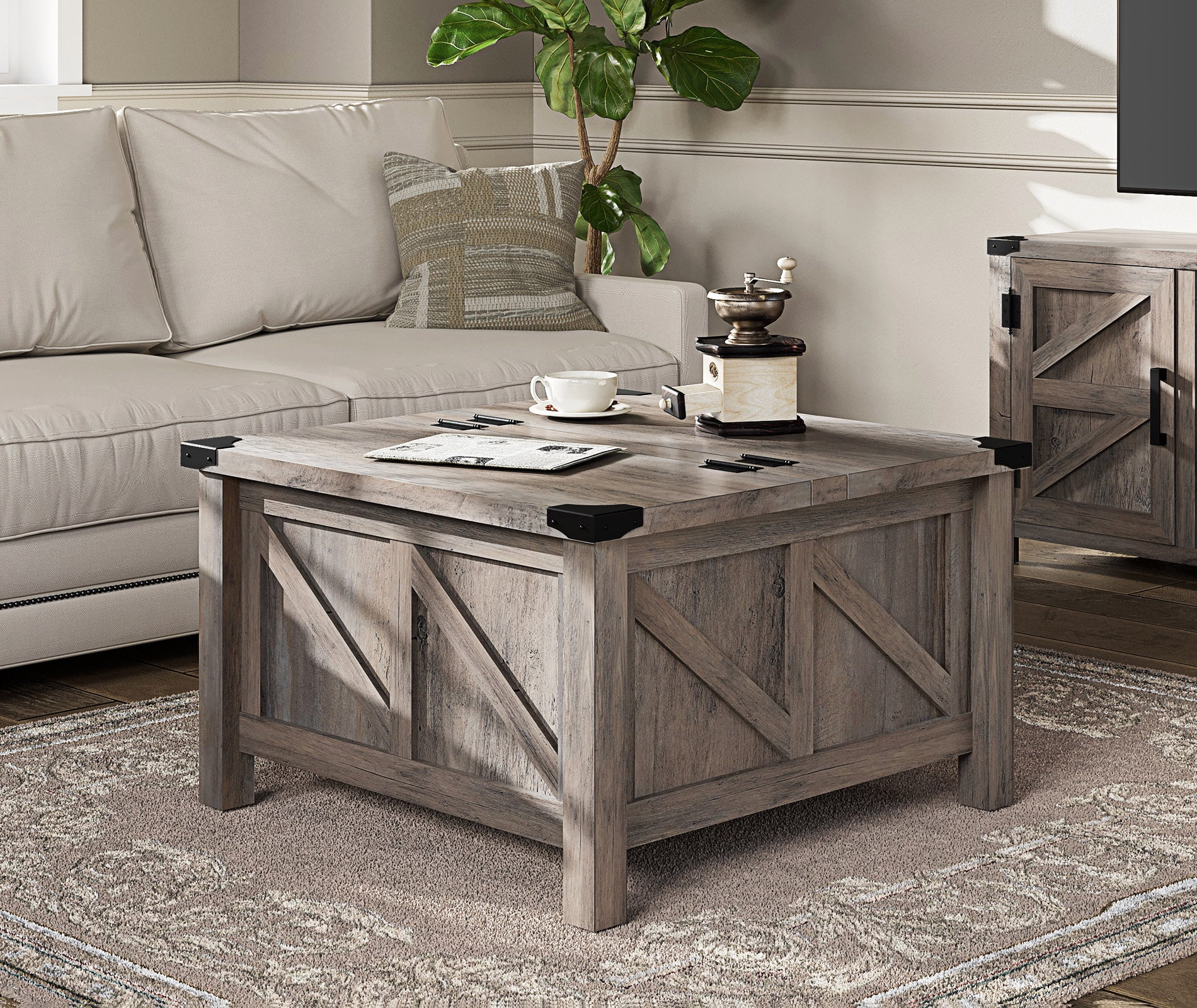 WAMPAT Farmhouse Coffee Table, Modern Square Wood with Hidden Storage ...