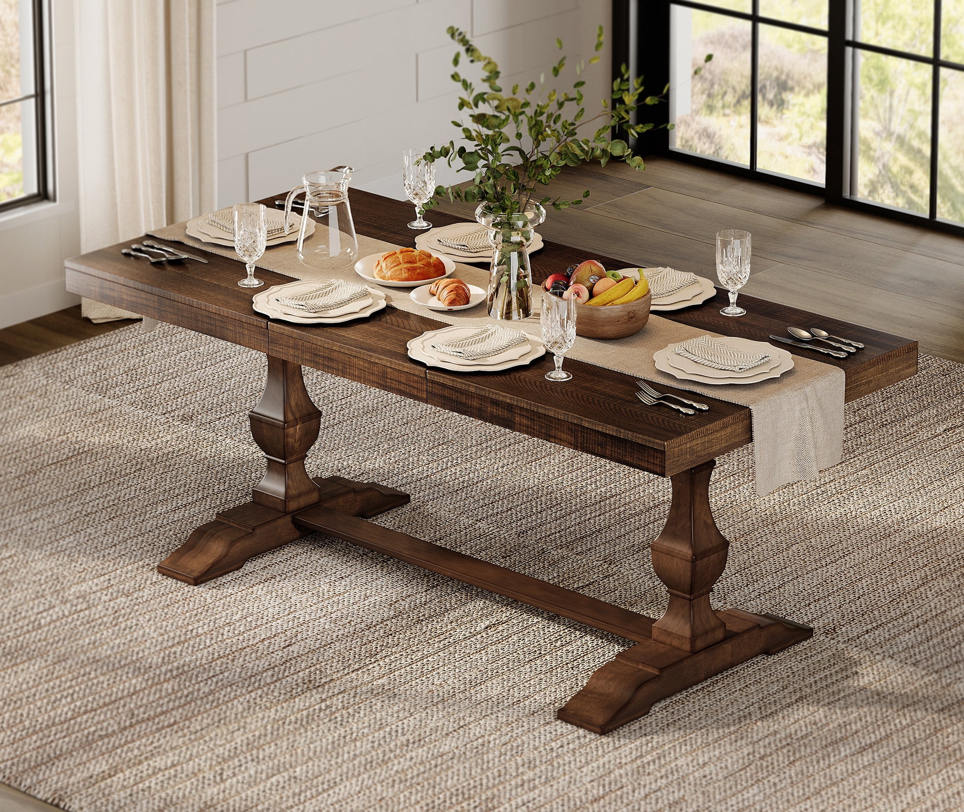 WAMPAT Modern Farmhouse Dinning Table Set for 6-8,74.8" Large Kitchen Table with 2 Solid Wood Legs and Double Pedestal Base for Dinning Room & Living Room,Espresso