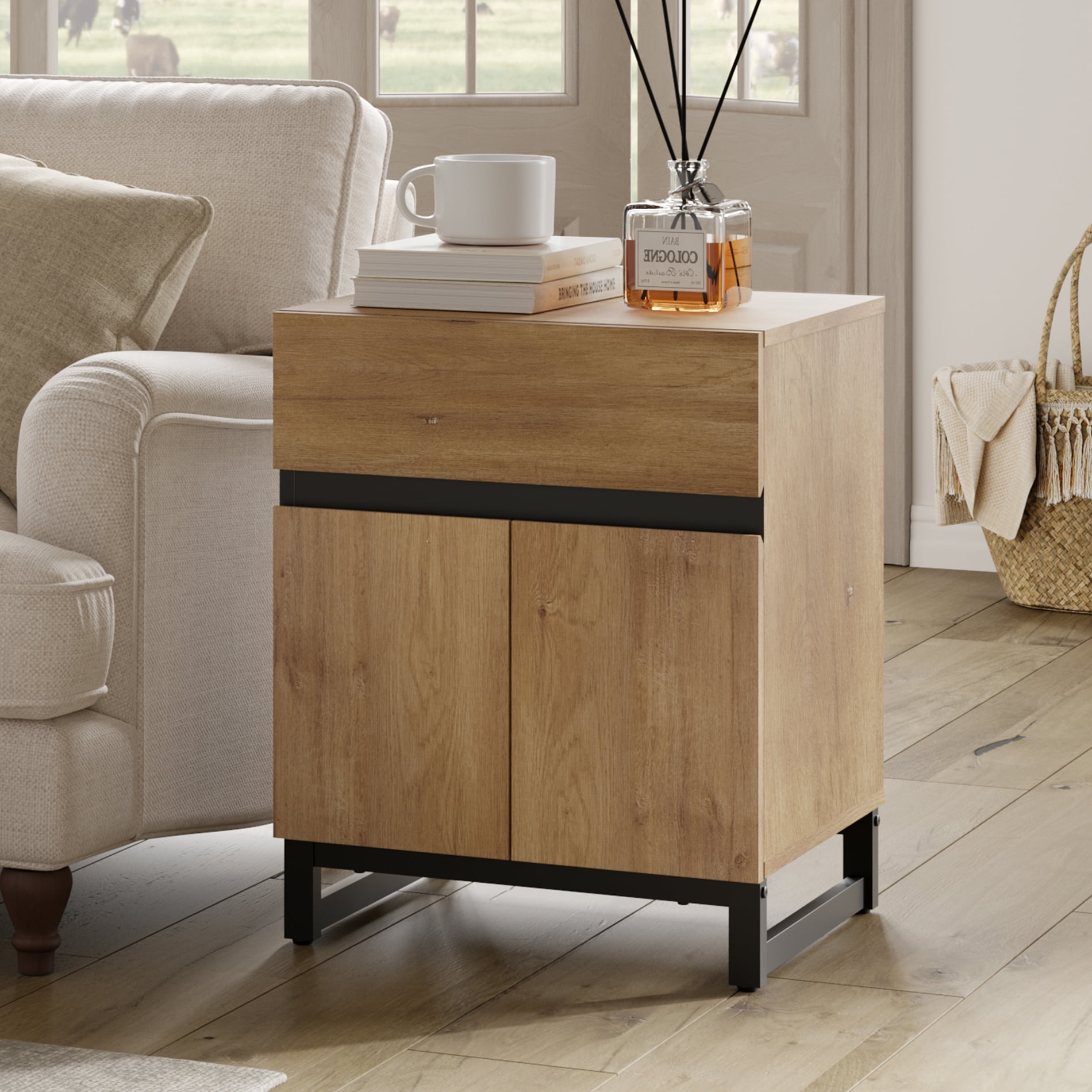 WAMPAT Modern Farmhouse End Table，1 Drawer & 1 Storage Cabinet with 2 Open Doors，Wood Rustic Sofa & Side Table for Living Room & Bedroom Nightstand