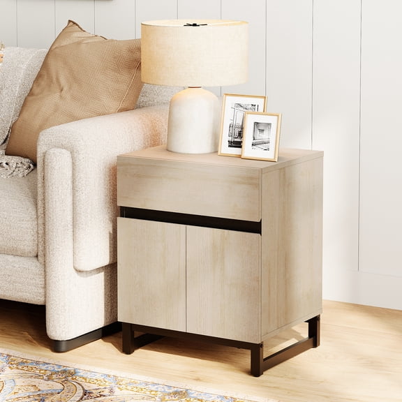 WAMPAT Modern Farmhouse End Table,1 Drawer & 1 Storage Cabinet with 2 Open Doors,Wood Rustic Sofa & Side Table for Living Room & Bedroom Nightstand
