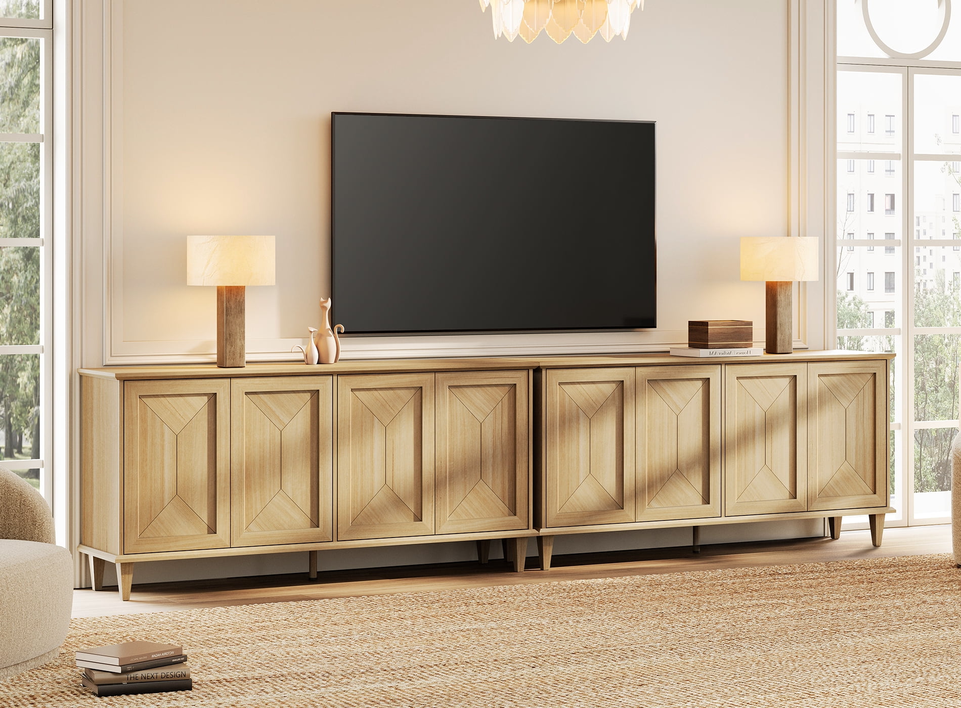 WAMPAT Modern Farmhouse Media Console for 85-130+ inch TVs,130-inch Large Double Unit TV Stand with Handcrafted Patchwork Doors,Massive Storage with Adjustable Shelves & Cable Management,Natural Oak