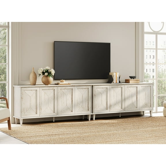 WAMPAT Modern Farmhouse Media Console for 85-130+ inch TVs,130-inch Large Double Unit TV Stand with Handcrafted Patchwork Doors,Massive Storage with Adjustable Shelves & Cable Management, Pale Oak