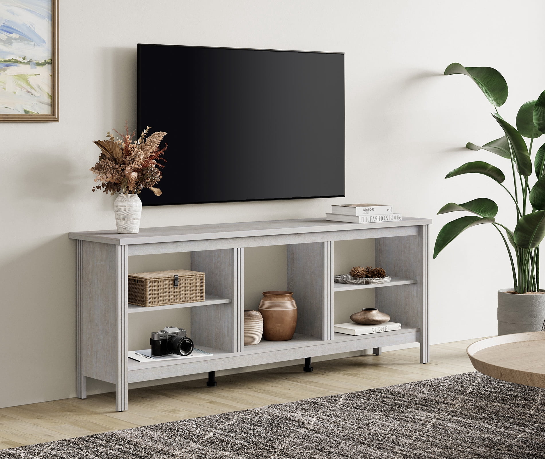 WAMPAT Modern Farmhouse TV Console for 75 Inch TV, White Entertainment Center with Wood Legs