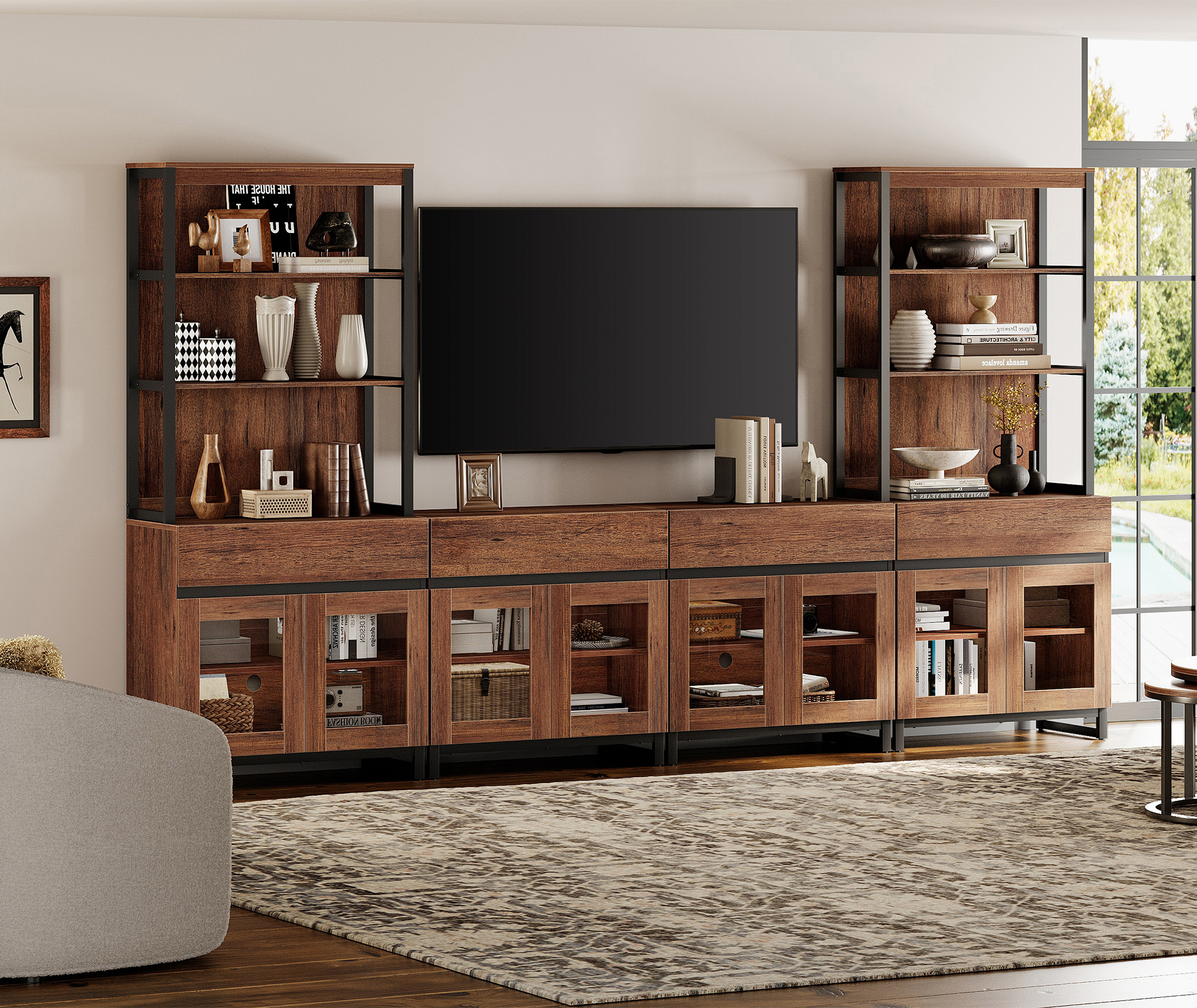 WAMPAT Modern Farmhouse TV Stand with 3-Tier Bookshelf & 4 Large Storage Cabinets, Adjustable Shelf and 4 Drawers Wooden Media Console with Glass Doors, Entertainment Center for Living Room