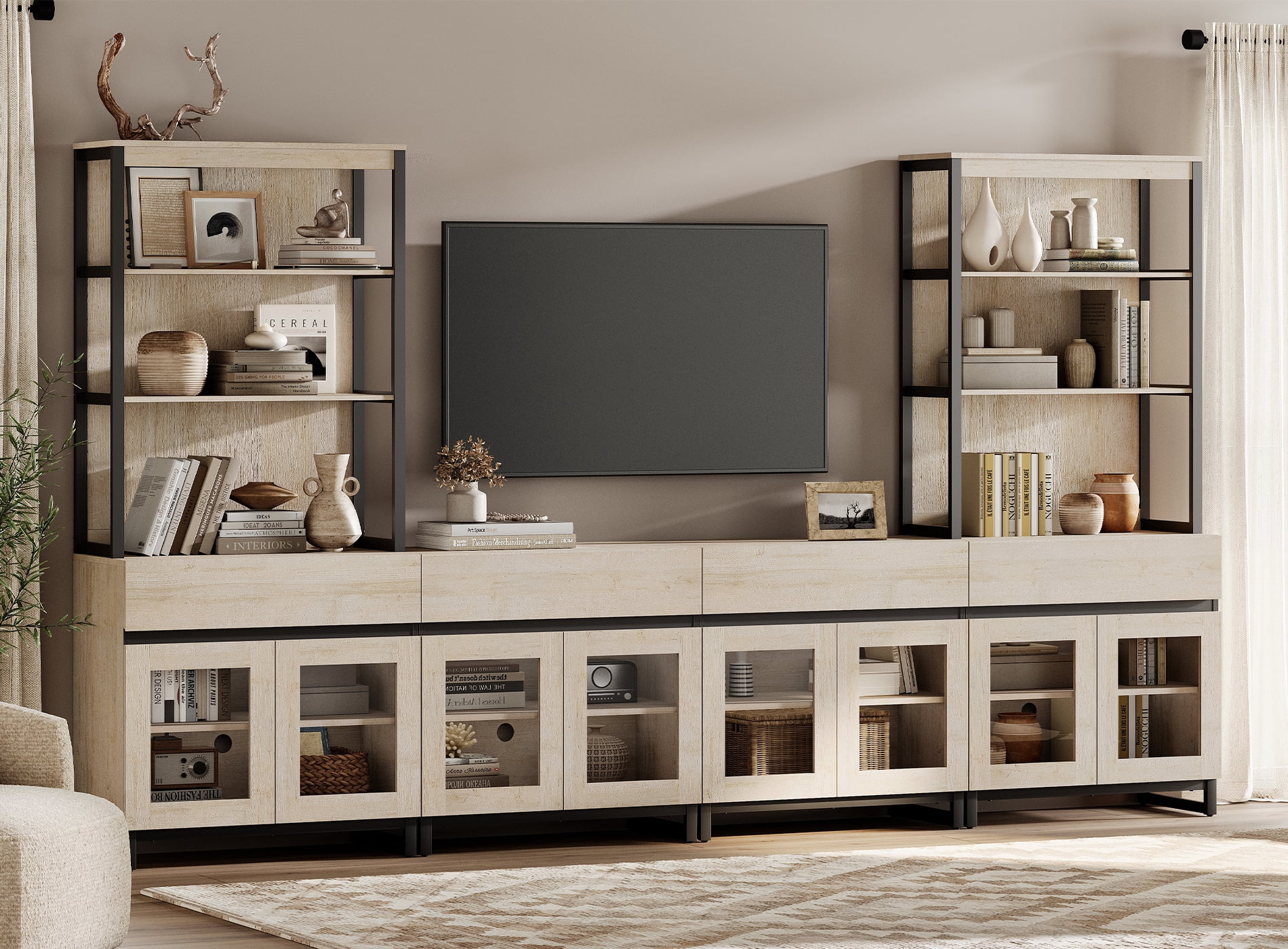 WAMPAT Modern Farmhouse TV Stand with 3-Tier Bookshelf & 4 Large Storage Cabinets, Adjustable Shelf and 4 Drawers Wooden Media Console with Glass Doors, Entertainment Center for Living Room