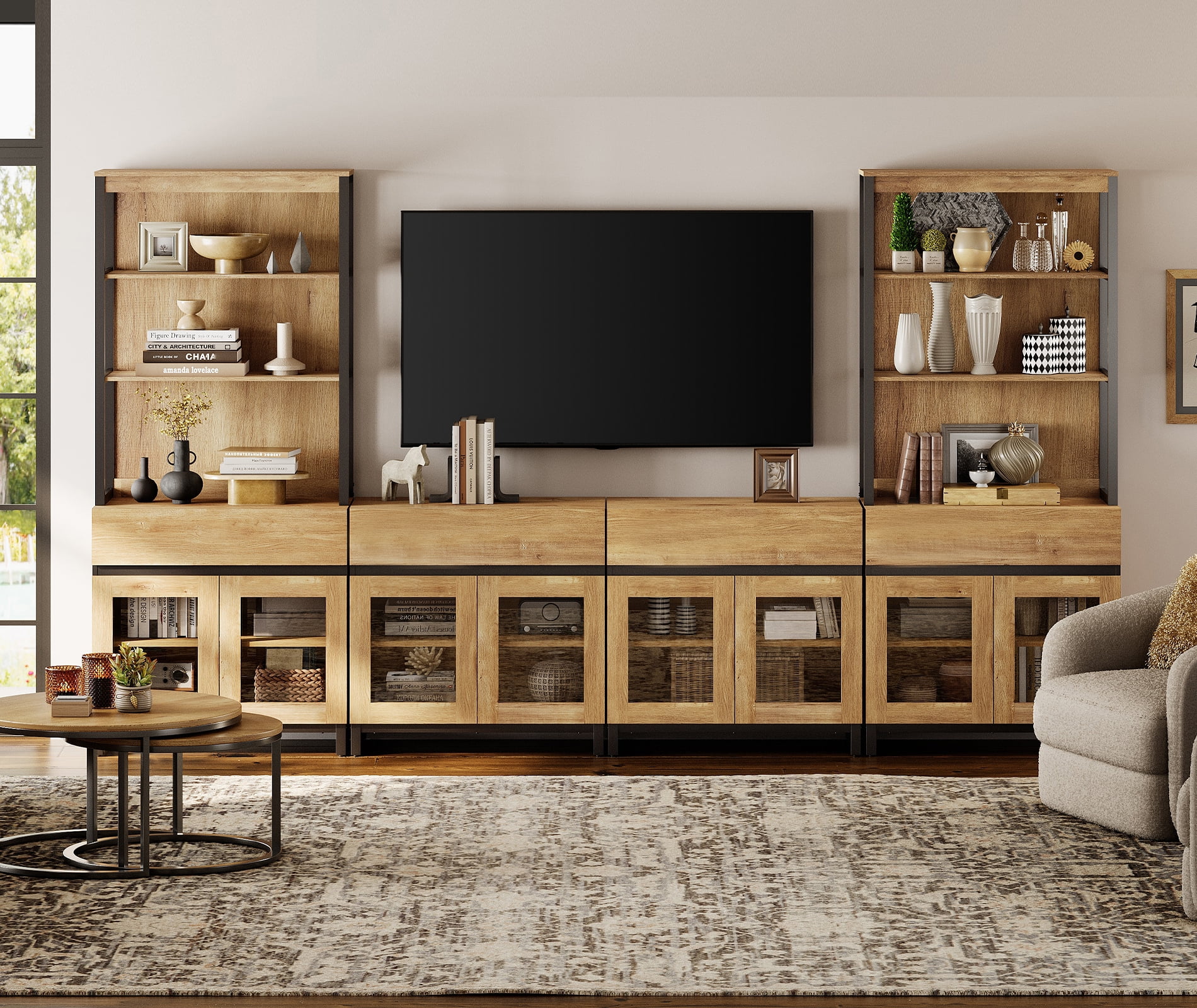 WAMPAT Modern Farmhouse TV Stand with 3-Tier Bookshelf & 4 Large Storage Cabinets, Adjustable Shelf and 4 Drawers Wooden Media Console with Glass Doors, Entertainment Center for Living Room