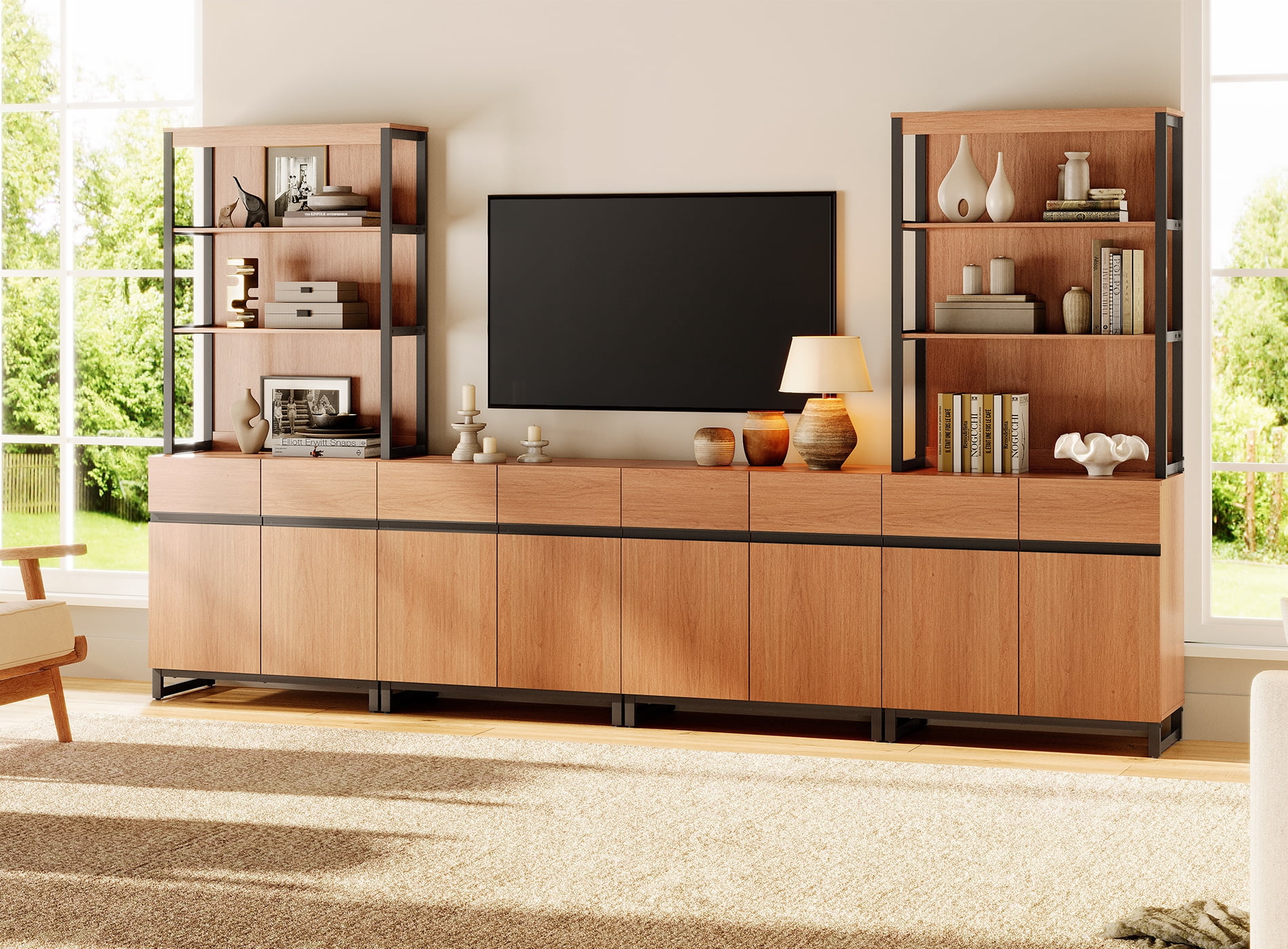 WAMPAT Modern Farmhouse TV Stand with 3-Tier Bookshelf & 4 Large Storage Cabinets, Adjustable Shelf Wooden Media Console with Black Metal Legs Entertainment Center for Living Room