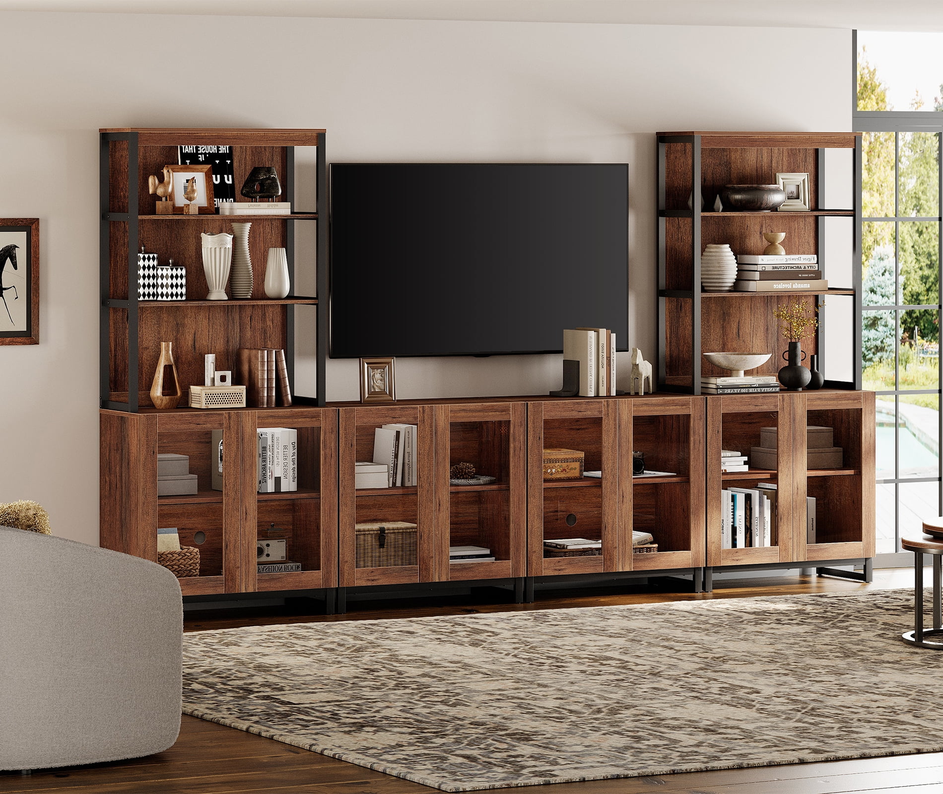 WAMPAT Modern Farmhouse TV Stand with 3-Tier Bookshelf & 4 Large Storage Cabinets, Adjustable Shelf Wooden Media Console with Glass Doors, Entertainment Center for Living Room