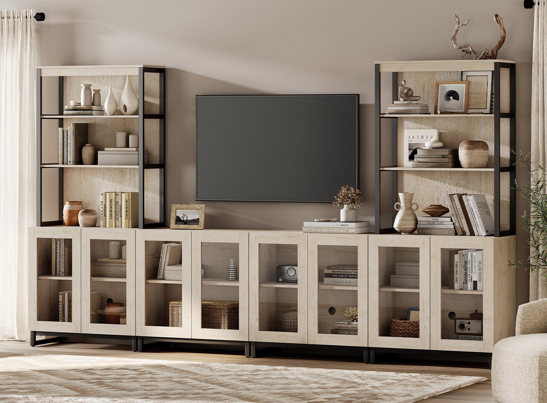 WAMPAT Modern Farmhouse TV Stand with 3-Tier Bookshelf & 4 Large Storage Cabinets, Adjustable Shelf Wooden Media Console with Glass Doors, Entertainment Center for Living Room