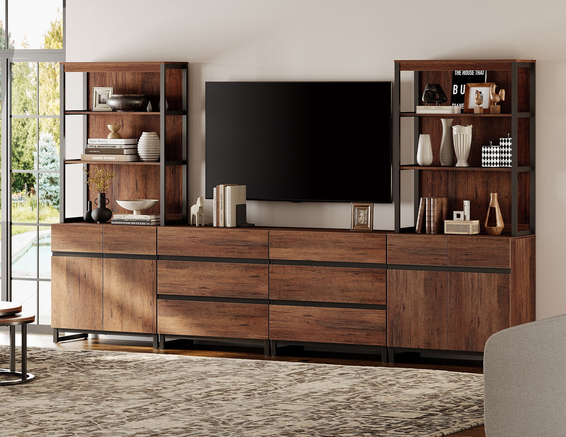 WAMPAT Modern Farmhouse TV Stand with 3-Tier Open Bookshelf, 2 Storage Cabinets & 6 Drawers, Wooden Media Console with Black Metal Legs for Living Room, Brown